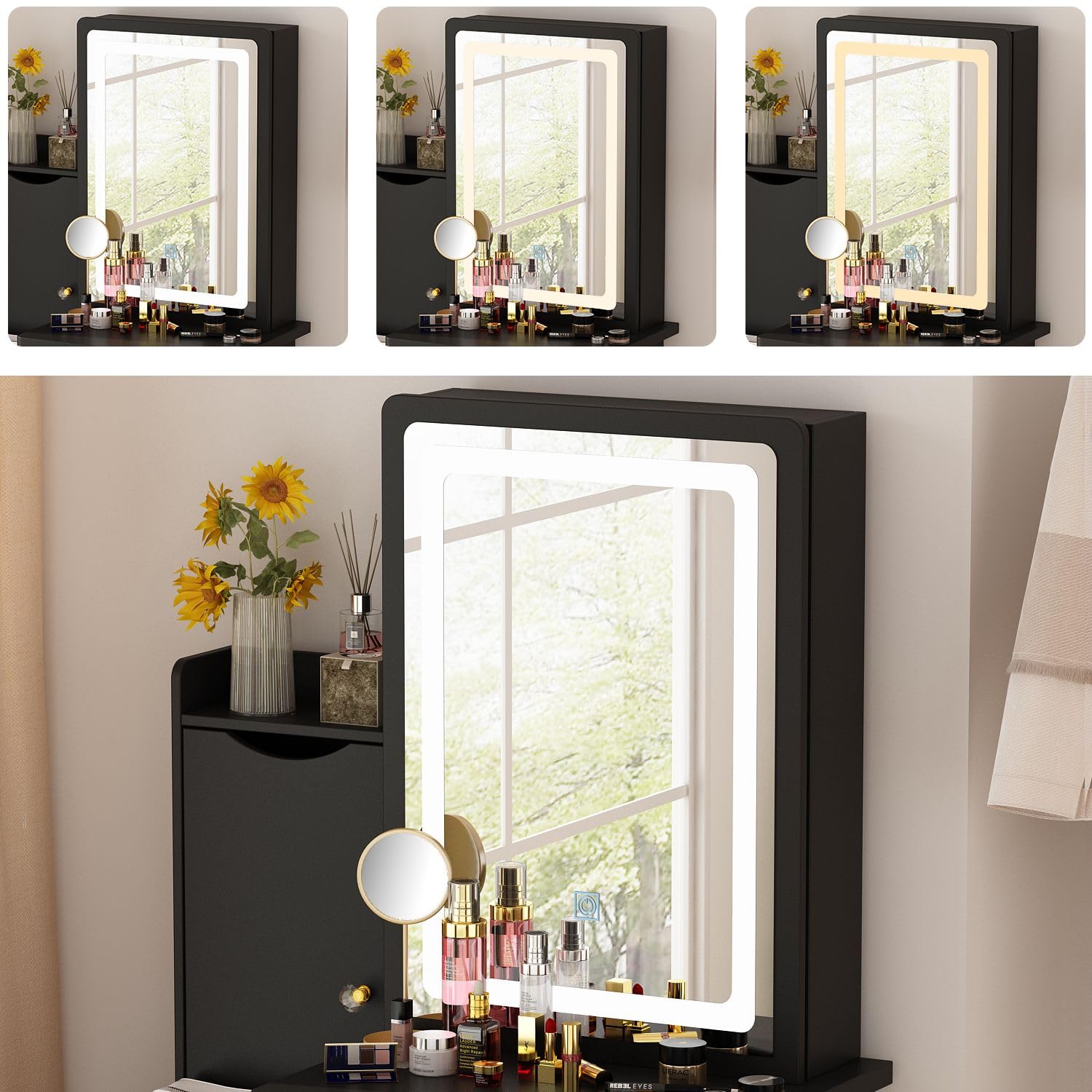 FAMAPY Black Vanity Mirror with LED Lights, Makeup Vanity Desk Set with Sliding Mirror, Storage Drawers & Crystal Handles - Includes Cushioned Stool for Bedroom, Dressing Room or Beauty Salon