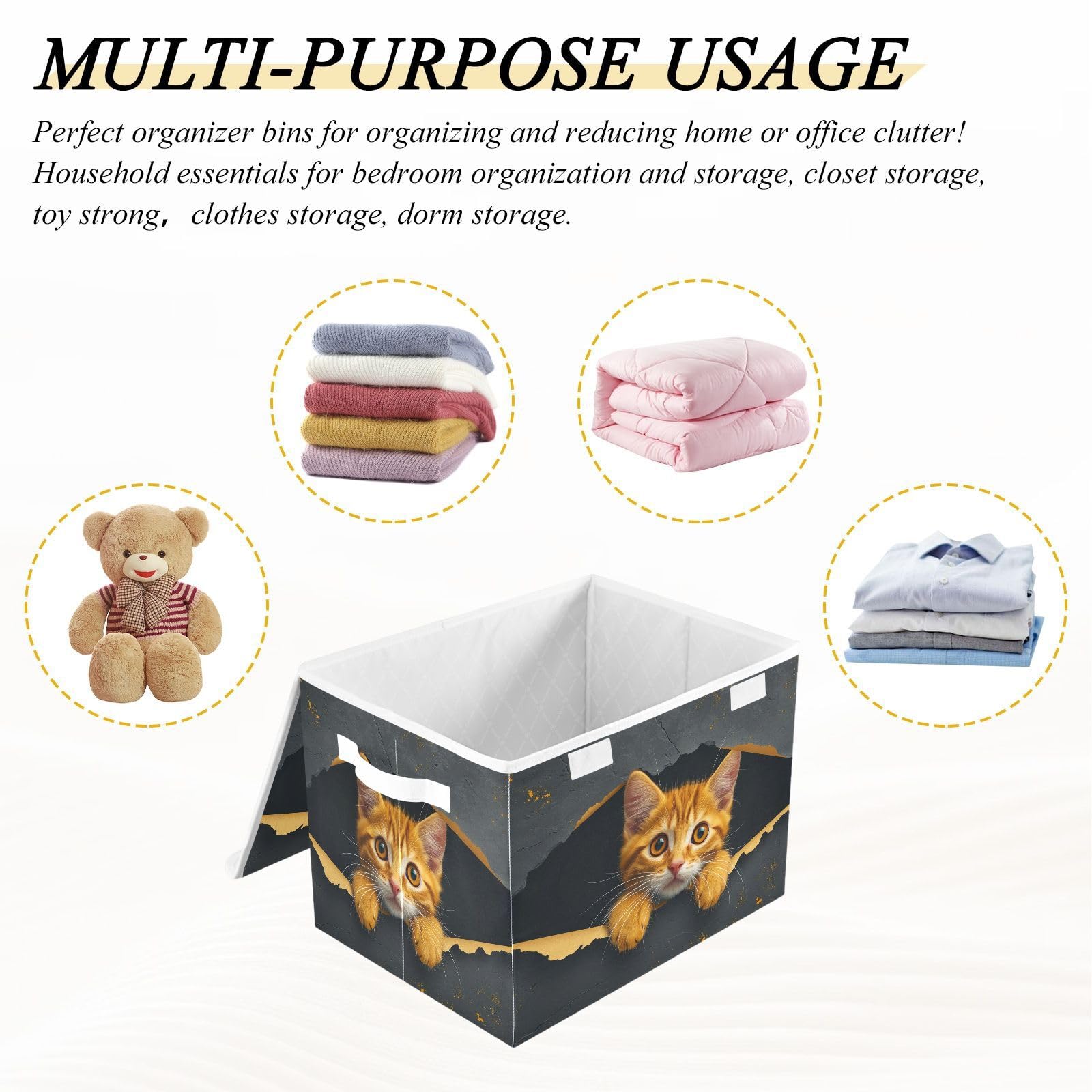 Senya Collapsible Storage Bins with Lids - Foldable Orange Cat-Themed Organizing Baskets for Clothes, Toys & Home Organization | Space-Saving Storage Solution for Bedroom, Closet & Laundry Room