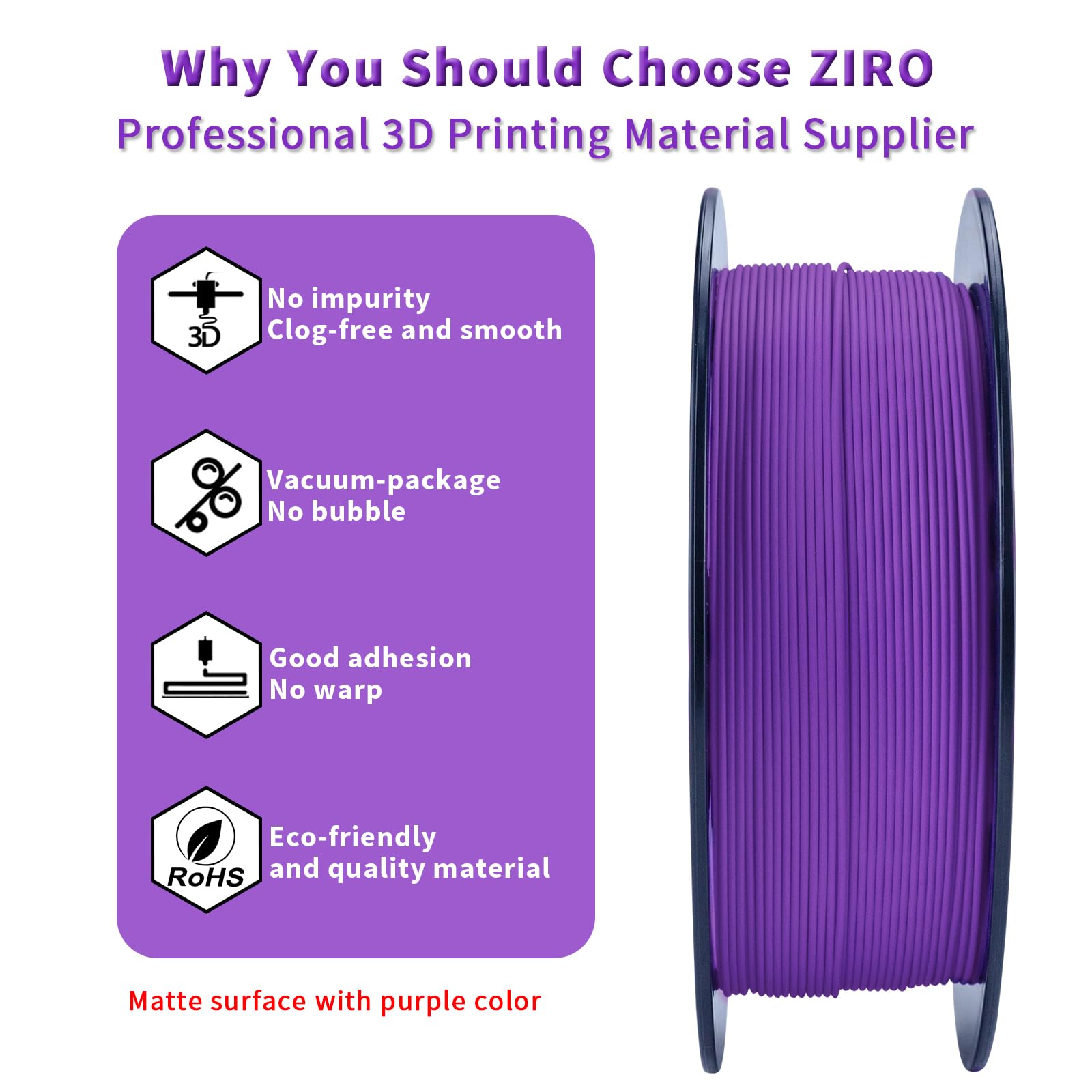 ZIRO Matte PLA Filament 1.75mm 1KG Spool - High Toughness 3D Printer Filament with +/- 0.03mm Dimensional Accuracy - Matte Purple PLA for Smooth Printing - Perfect for Cosplay Props, Home Decor & DIY Projects