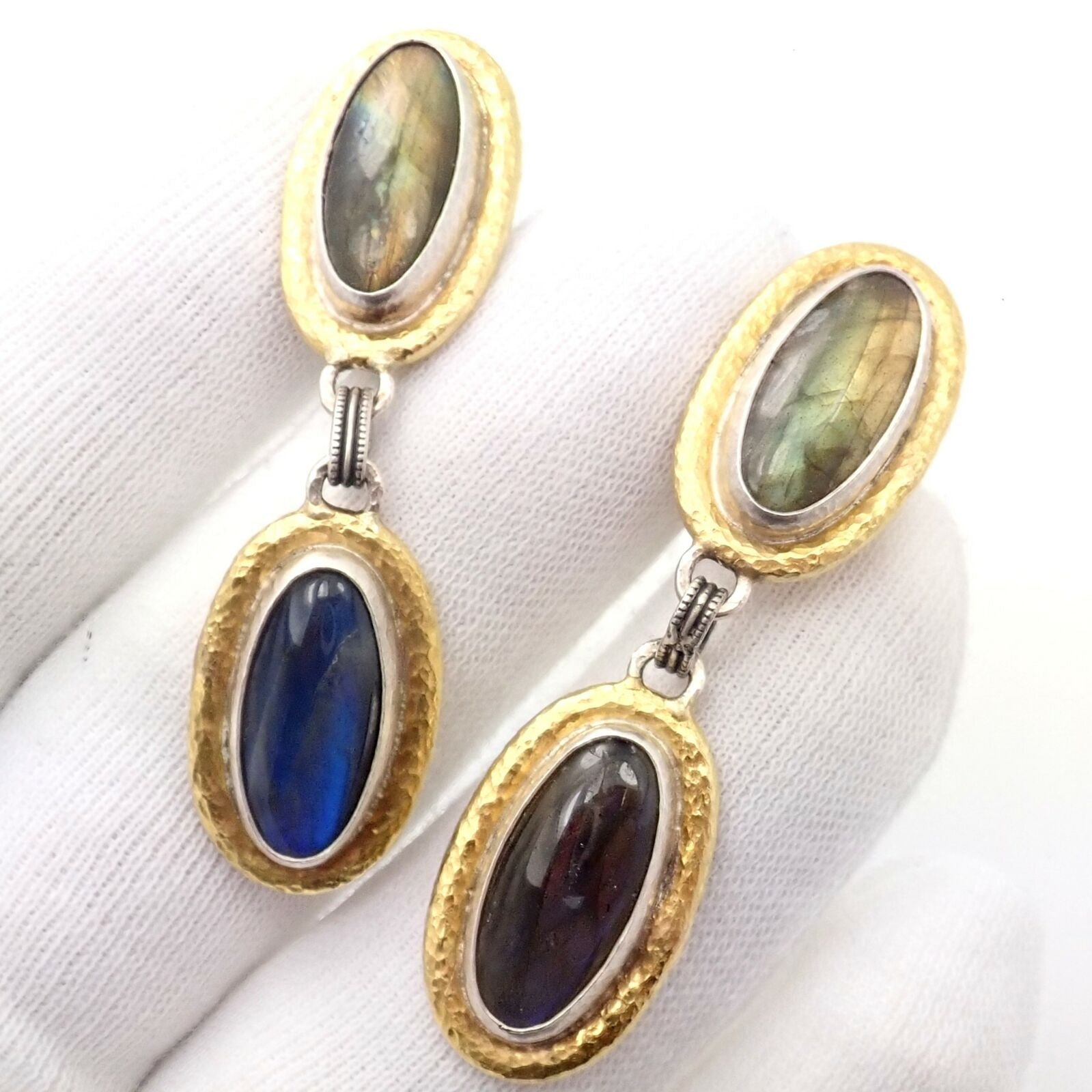 Authentic Gurhan Hammered Sterling Silver 24K Gold Labradorite Earrings - Elegant Dangle Earrings for Women, Perfect for Weddings, Parties & Special Occasions