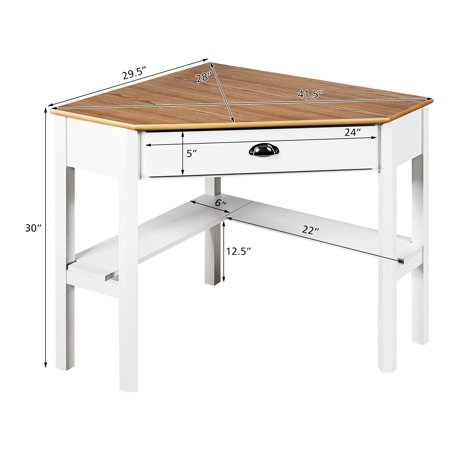 KOTEK Corner Desk with Drawer and Shelves - Wooden Home Office Desk, Triangle Computer Desk for Small Spaces, Writing Study Desk & Workstation, Makeup Vanity Table (Natural & White) - Perfect for Home Office, Gaming Setup, Dorm Room & Bedroom Workspace