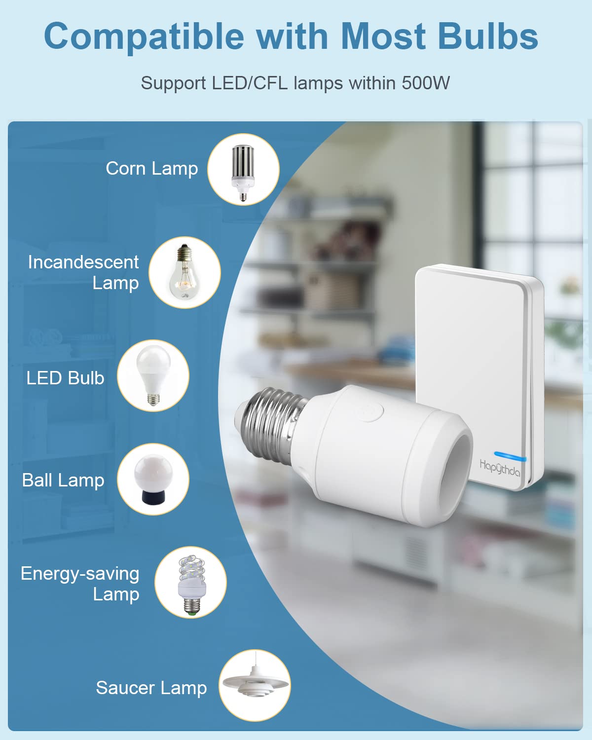 Smart Wireless Light Switch Kit for 500W E26/E27 Bulb Base Holder - Remote Control & Timer Function - Perfect for Bedroom, Living Room, and Smart Home Automation