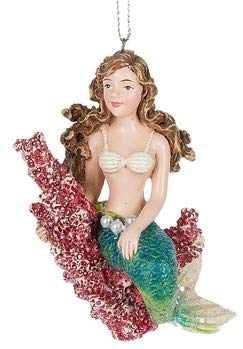 Brown Hair Mermaid Sitting on Rose Coral Christmas Tree Ornament - Unique Holiday Decoration for Xmas Tree, Home, Party & Gift Giving