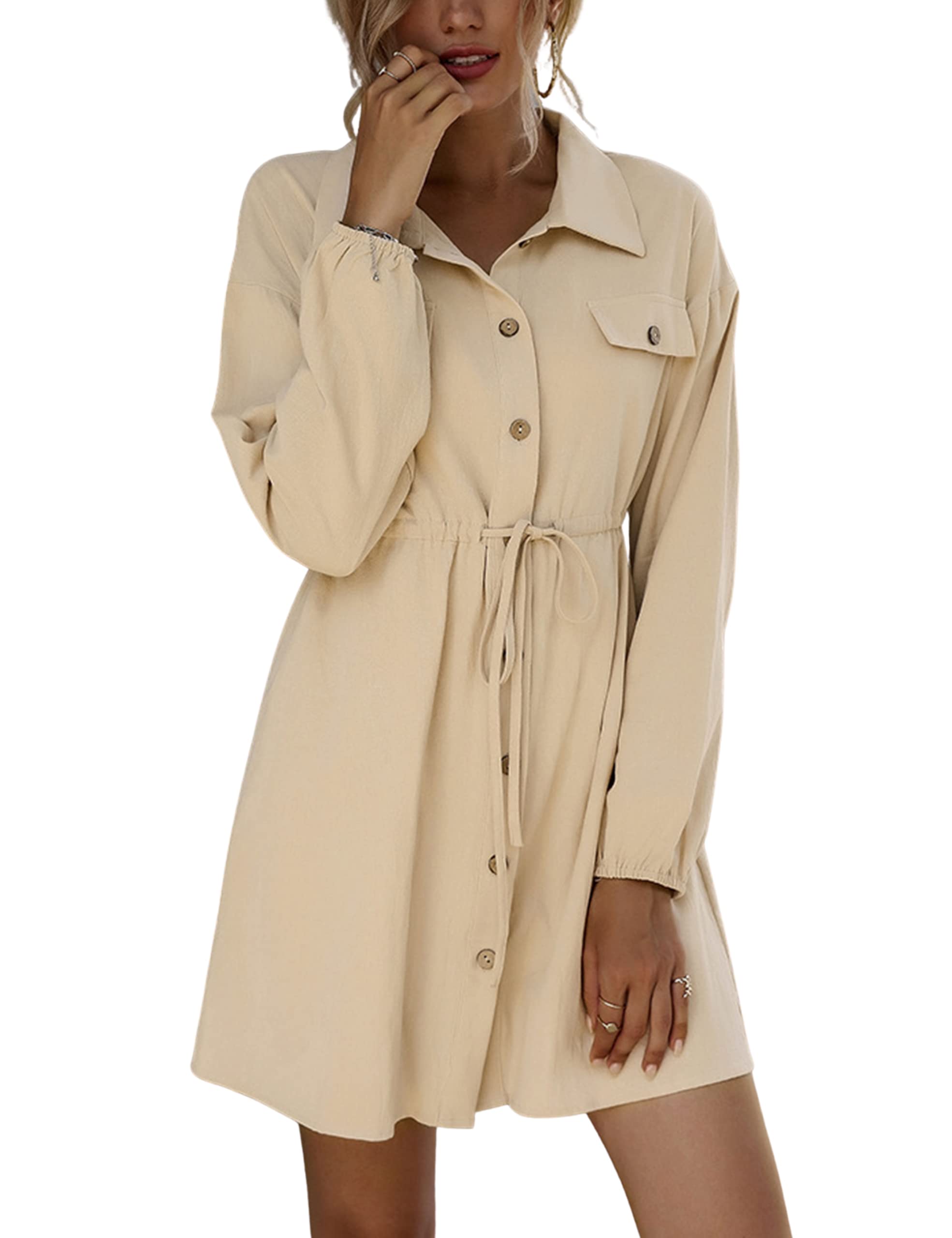 AMEBELLE Women's Long Sleeve Button Down Shirt Dress with Lapel & Drawstring Waist - Office Work, Casual Outing & Spring Fashion
