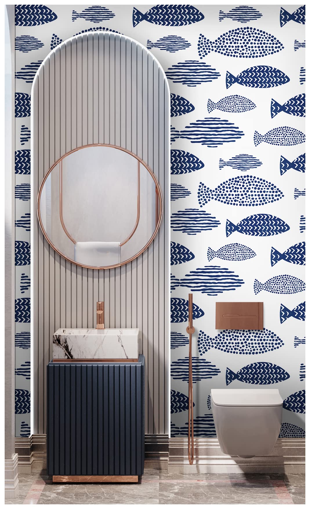 HAOKHOME Removable Peel and Stick Wallpaper - Abstract Underwater World Fish Trellis Design in Indigo Blue - Self-Adhesive Contact Paper for Home & Bathroom Decor (17.7x118 Inches) - Perfect for Nursery, Bedroom Accent Walls and Rental Apartment Makeovers
