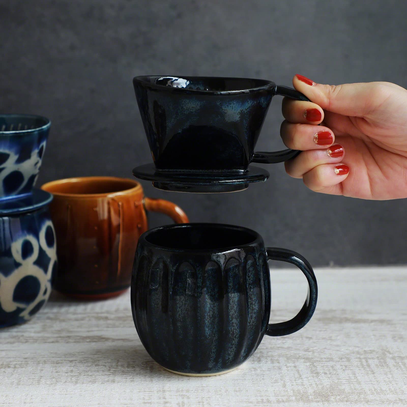 Premium Dark Navy Blue Ceramic Pour Over Coffee Maker Set - Slow Brew Dripper with 3-Hole Design for Perfect Coffee & Tea | Includes Paper Filter Holder | Ideal for Home Brewing, Office Use & Gift Giving