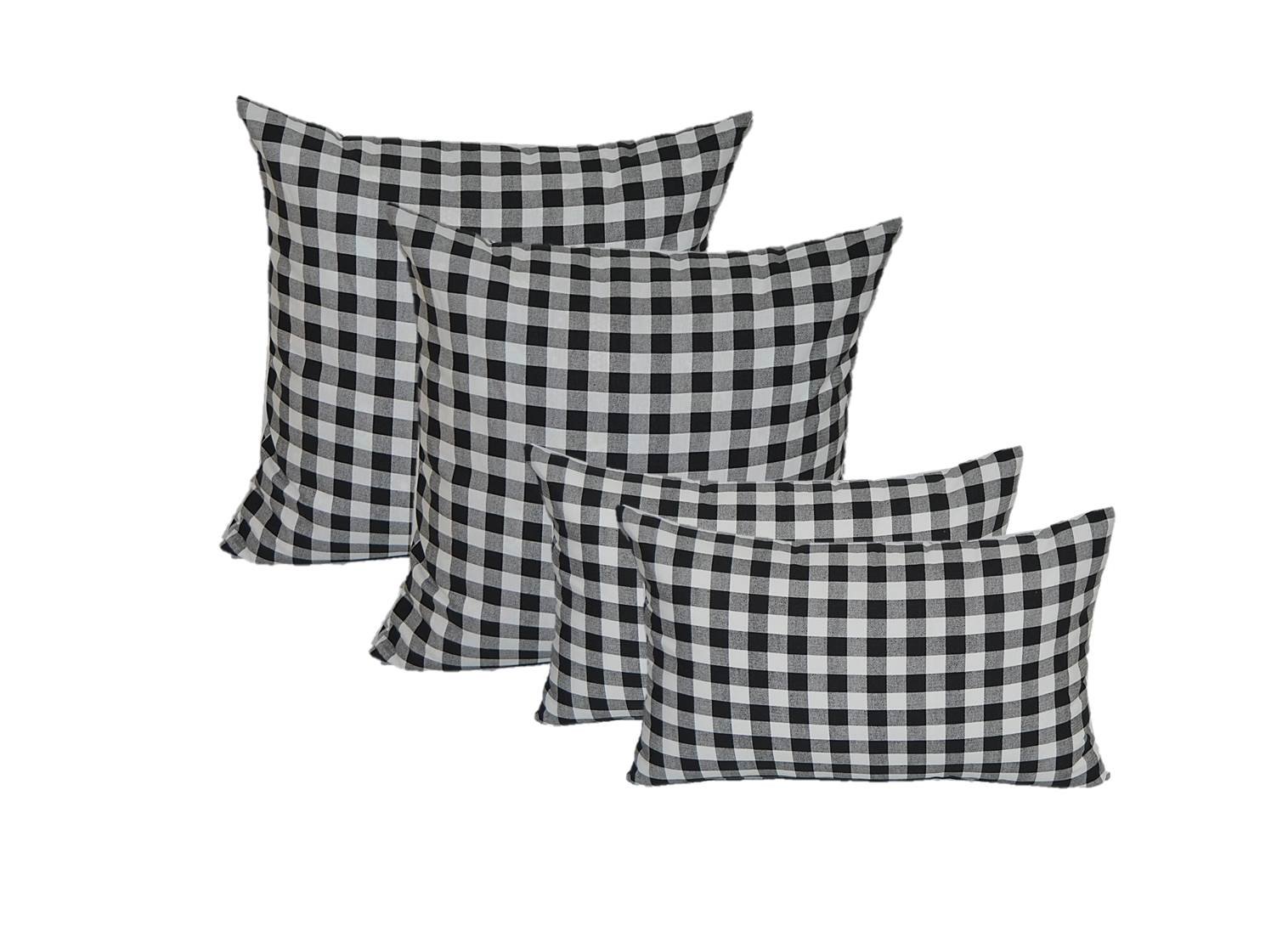 4-Piece Cotton Throw Pillow Set - 2 Square & 2 Lumbar Decorative Pillows - Black Plaid Checkered Design - 20