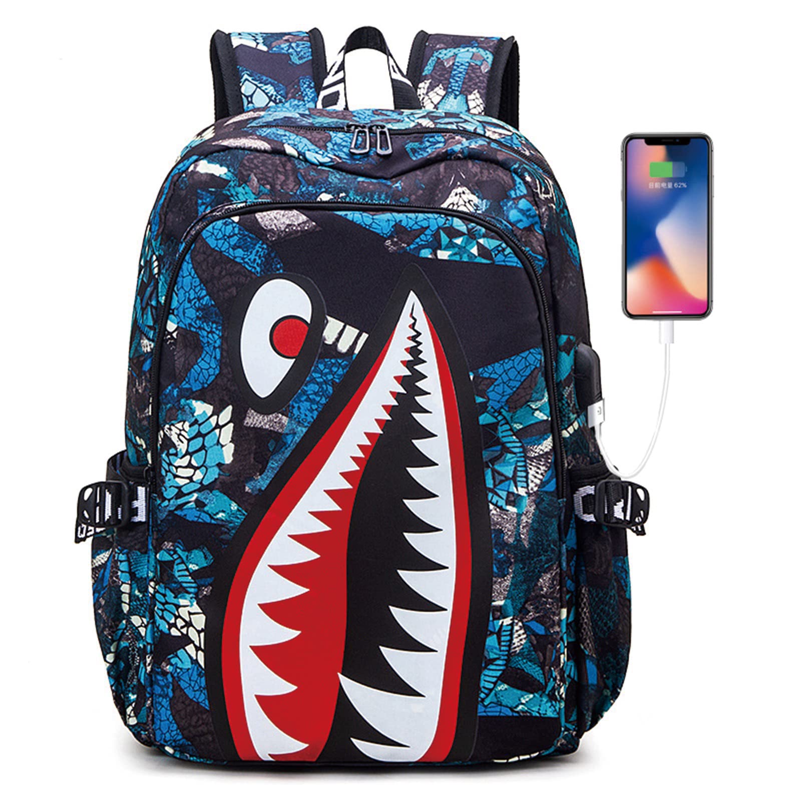 Shark Backpack for Kids - Lightweight Water Resistant School Bag with USB Charging Port - Perfect for School, Travel & Daily Use (Blue)