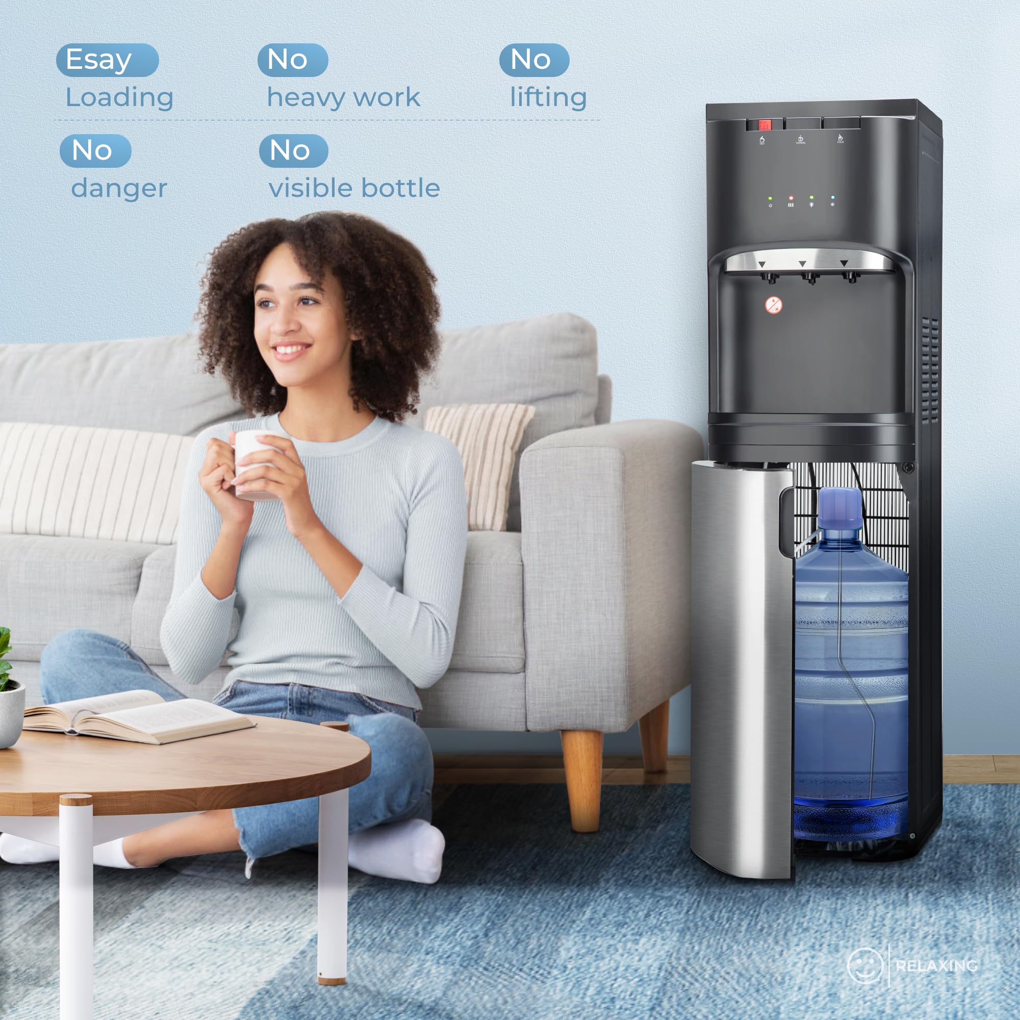 Euhomy Self-Cleaning Bottom Loading Water Cooler Dispenser with UV Sterilization - Stainless Steel 3/5 Gallon Water Dispenser for Home & Office - Perfect for Kitchen, Living Room, or Workplace Hydration