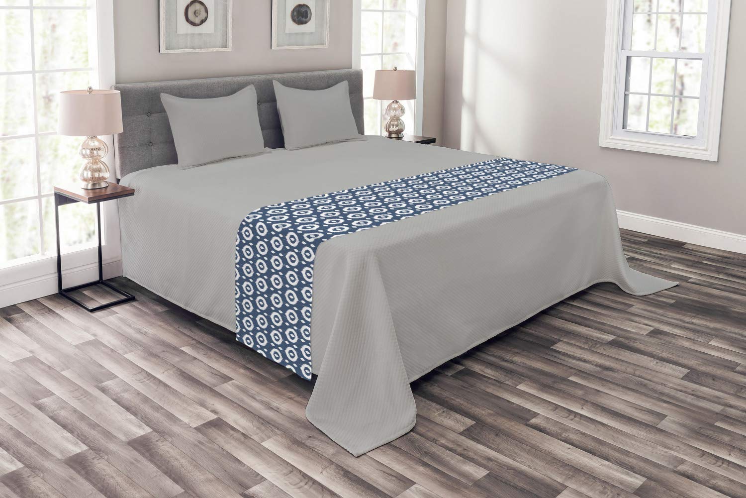 Ambesonne Ikat Bed Runner - Vintage Circles with Dots Ornamental Pattern, Traditional Asian Inspired Decorative Bed Scarf for Queen & King Size Beds | Perfect for Hotels, Homes & Guest Rooms (Dark Blue & White) - Elevate Your Bedroom Decor for Special Occasions & Luxury Stays