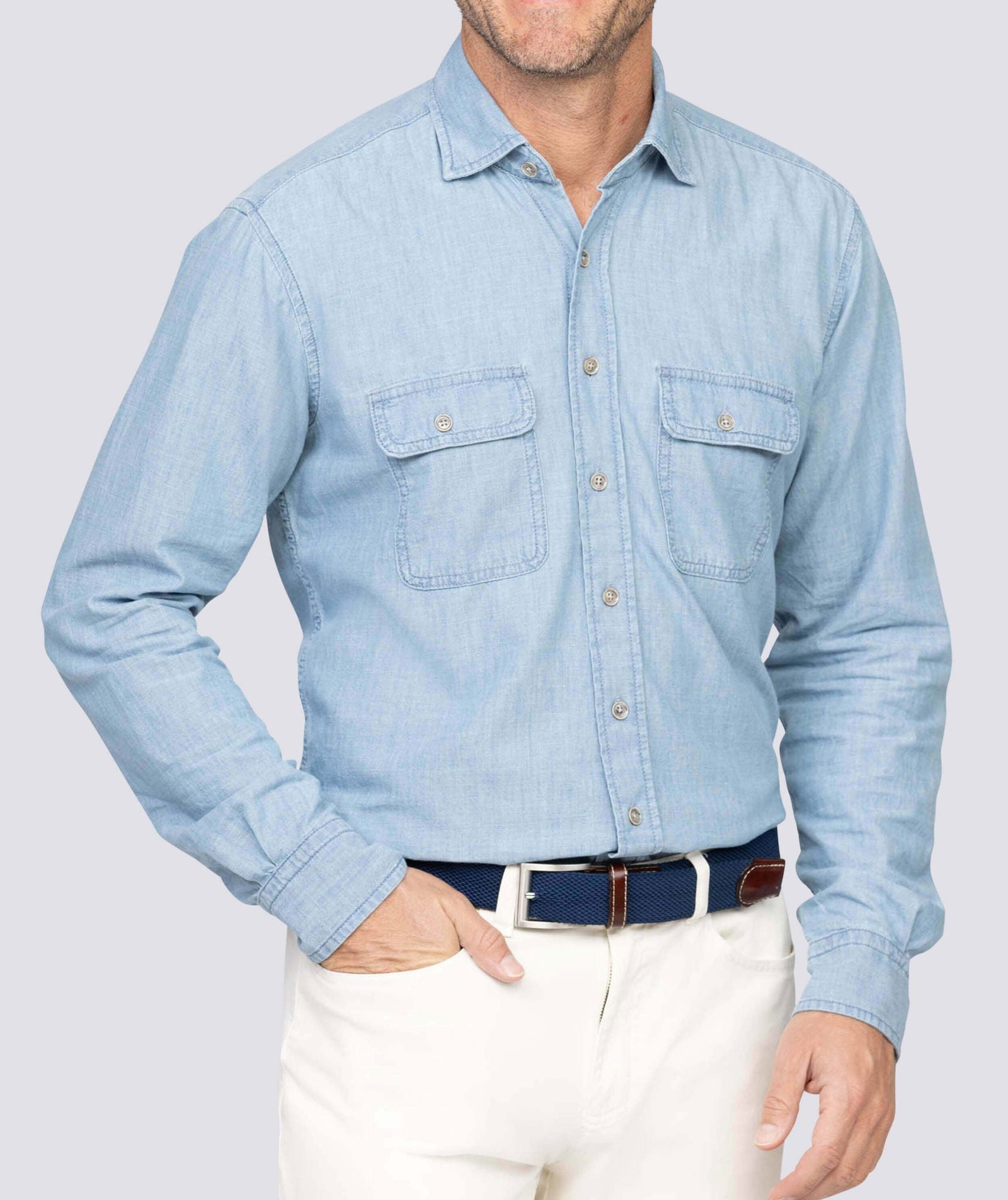 Owen Men's Chambray Work Shirt - Durable Casual Button Down Shirt for Construction, Farming & Outdoor Work