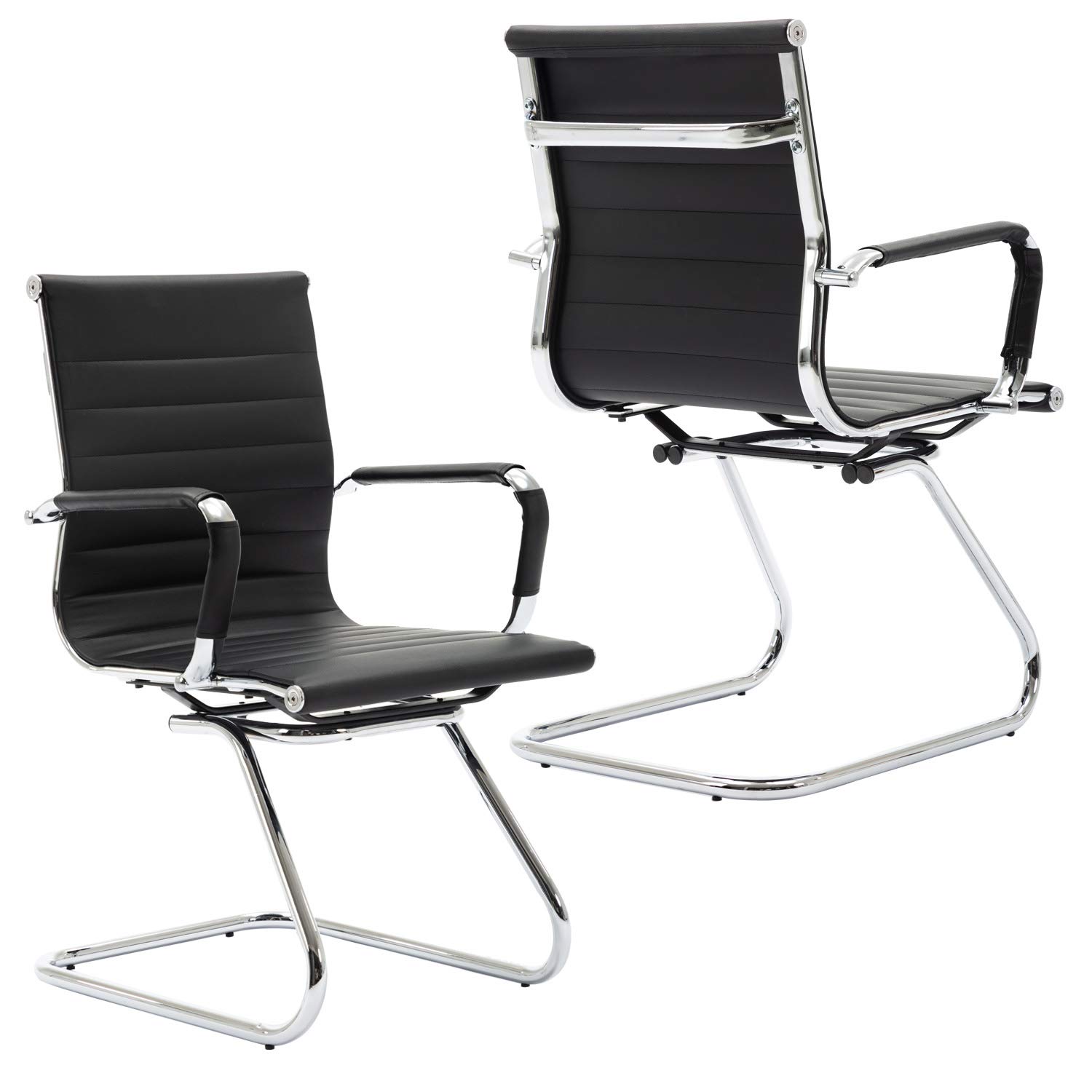 HiYeah Modern Leather Office Guest Chair with Arms - Mid Back Metal Sled Base Conference Reception Room Chair (Black, 2 Pack) - Perfect for Home Office, Meeting Rooms & Waiting Areas