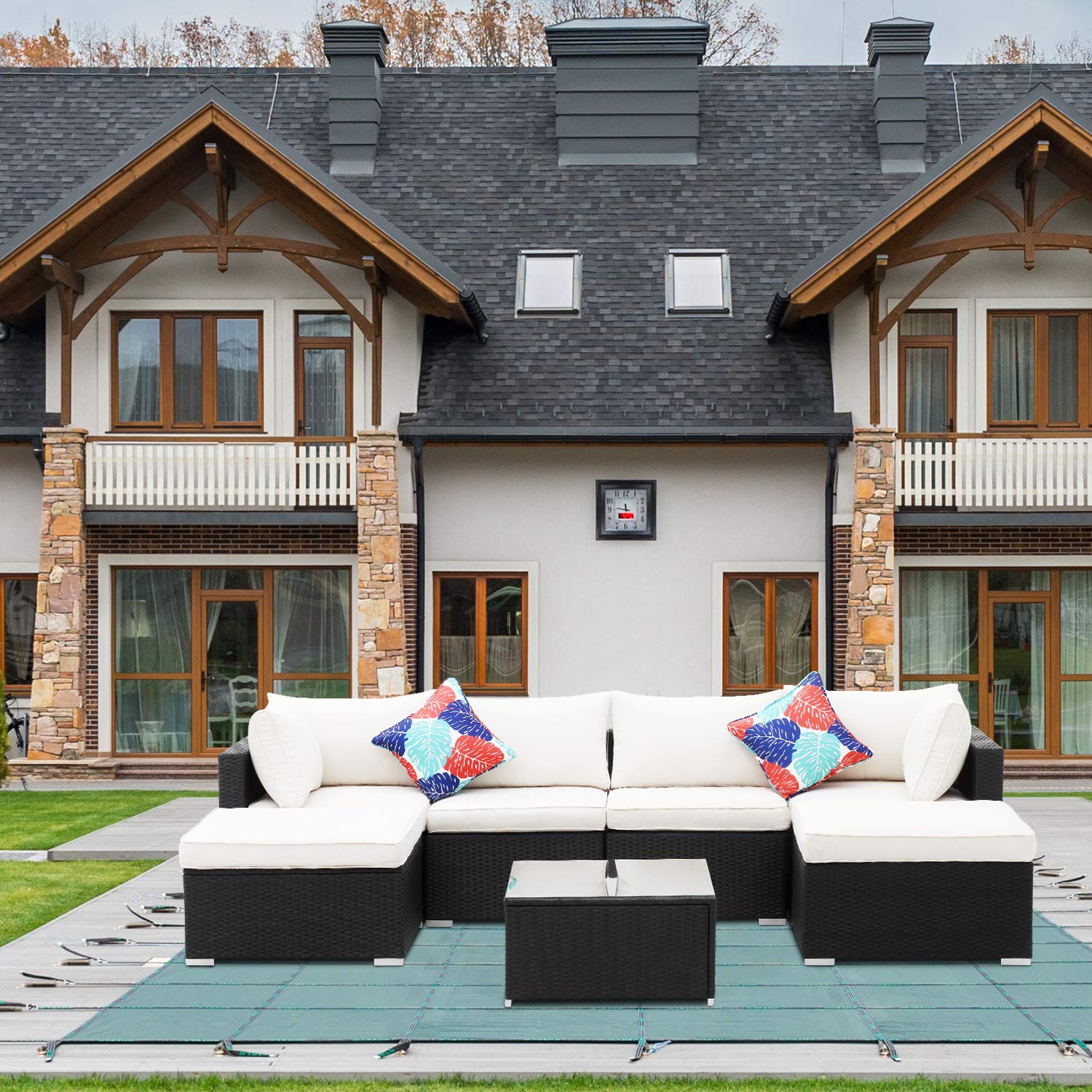 7-Piece Patio Furniture Set - Outdoor Sectional Sofa with Ottoman, Glass Coffee Table & Cushions - Wicker Rattan Conversation Set for Garden, Lawn, Pool & Backyard (Beige) - Perfect for Relaxing, Entertaining & Outdoor Lounging