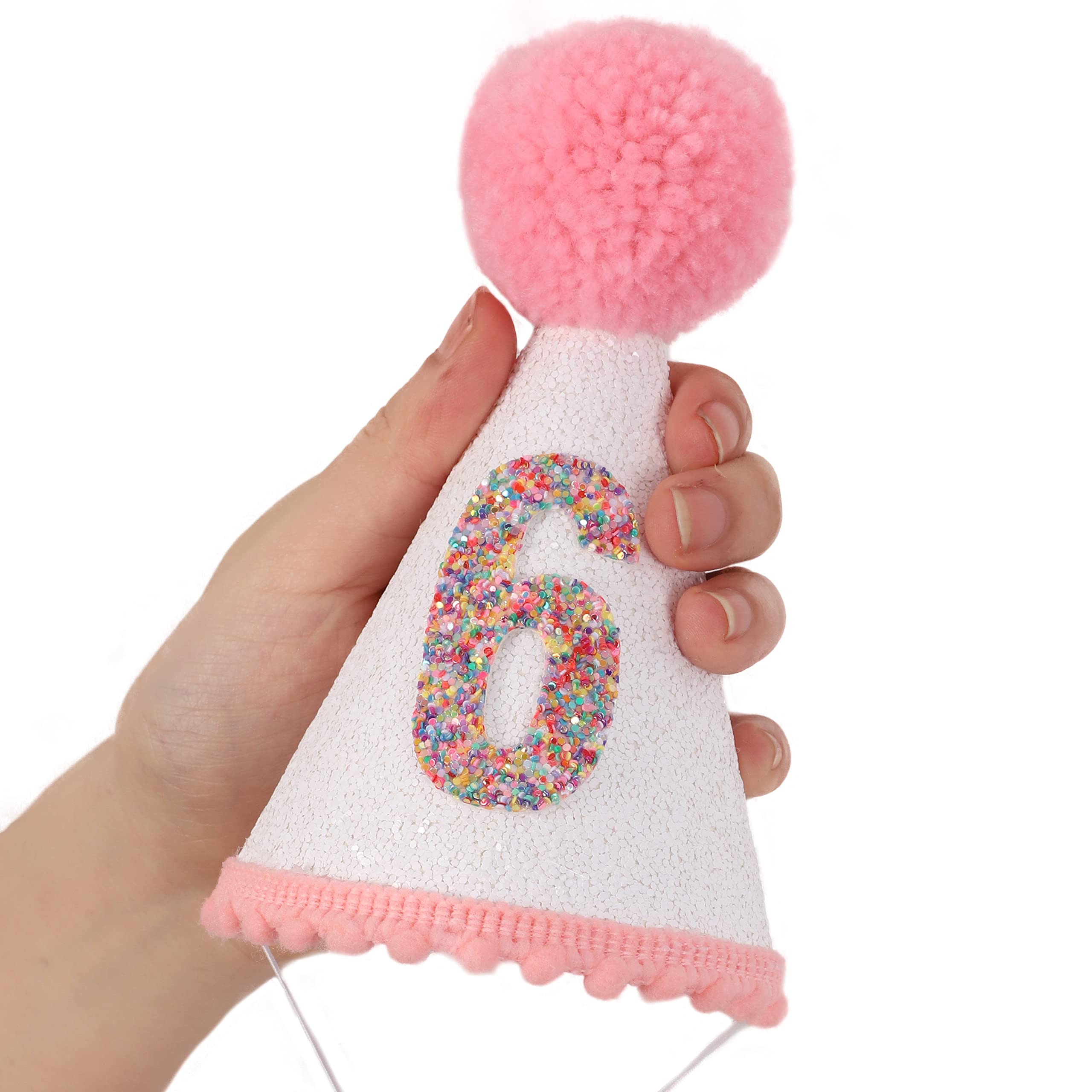 Sparkly Pink Glitter Birthday Hat for Girls with Pom Topper - Cute Party Hat for Birthday Celebrations, Baby Showers & Princess Themed Parties