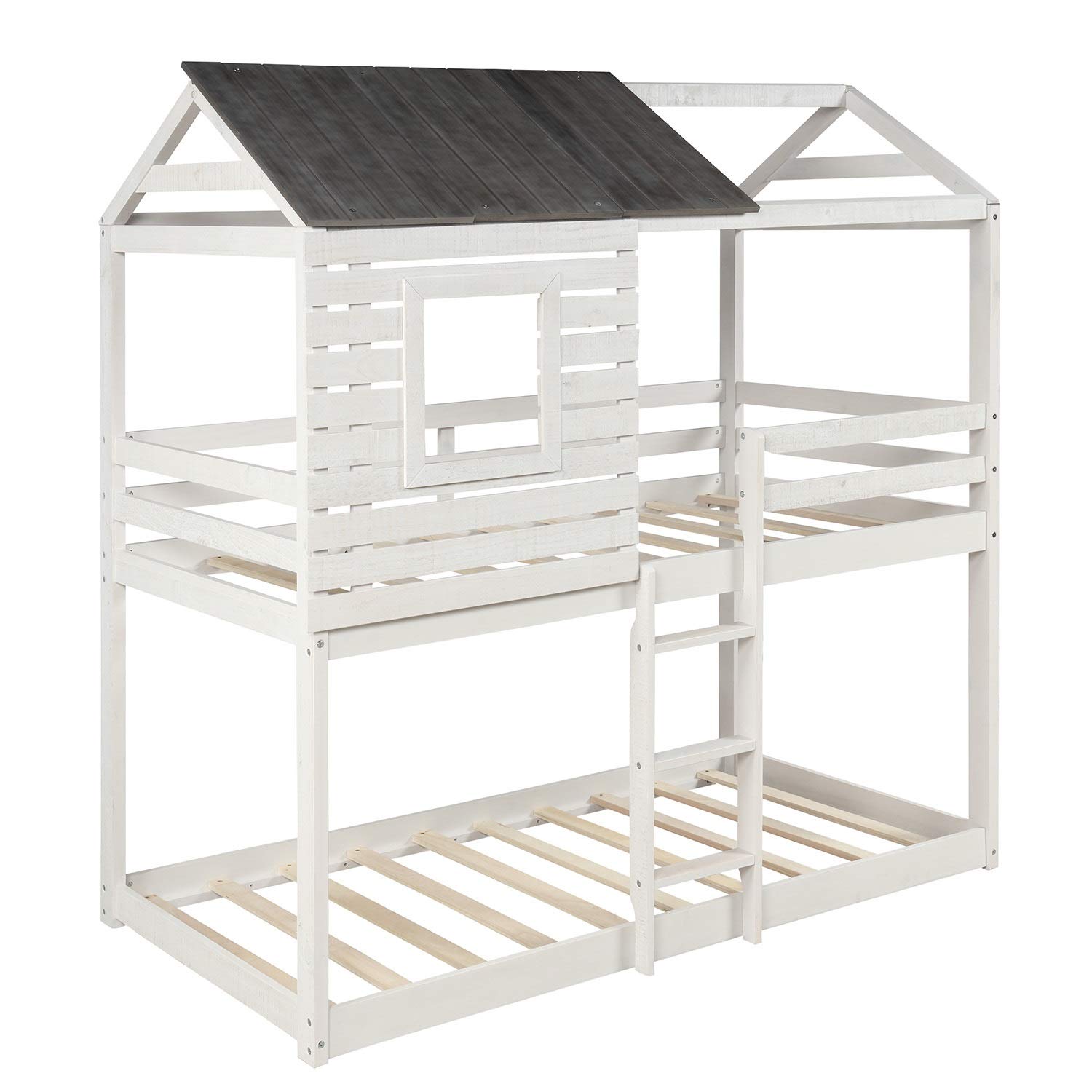 Twin Over Twin Bunk Bed with Roof & Window - Solid Wood Loft Bed Frame for Kids & Teens - Safety Guardrail & Built-in Ladder - No Box Spring Needed - Fast USA Shipping - Perfect for Small Bedrooms, Shared Kids Rooms & Vacation Homes