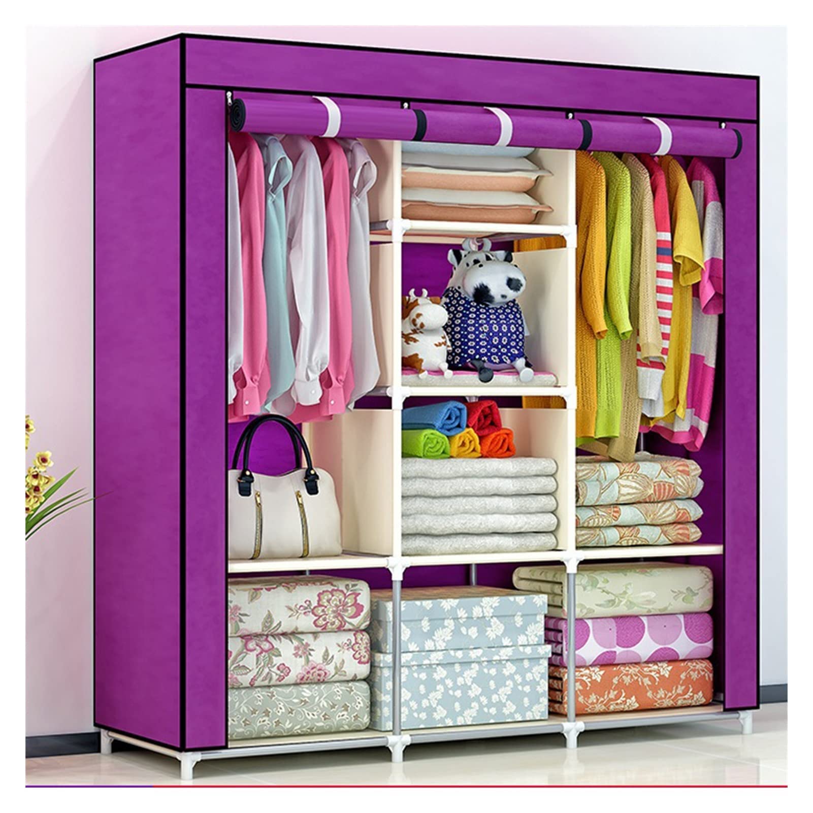 FANJIANI Portable Closet Organizer with Shelves - Foldable Non-Woven Storage Wardrobe, Waterproof & Dustproof Hanging Clothes Cabinet for Bedroom, Dorm, or Travel | Space-Saving Closet Solution for Small Spaces