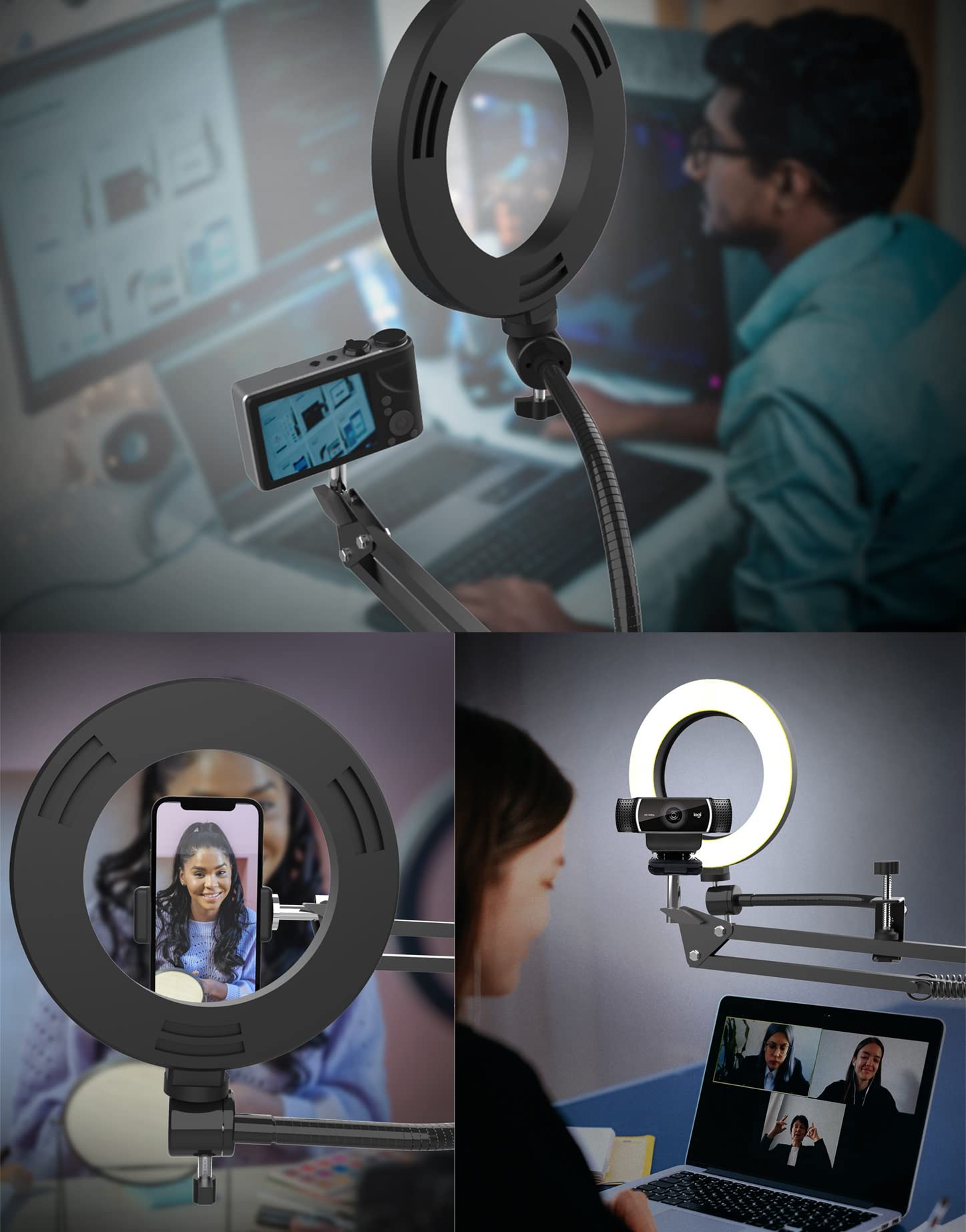 Professional Overhead Camera Mount with Adjustable Ring Light - Flexible Articulating Phone Arm Stand Compatible with iPhone, Android, Logitech Webcam - Perfect for YouTube Live Streaming, Cooking Tutorials, Nail Art Videos & Desk Recording (Includes Sturdy Tripod Base)