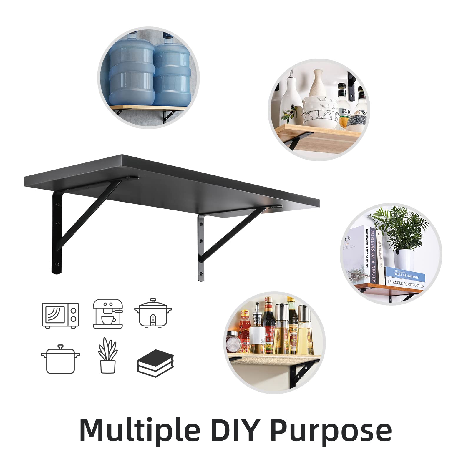 12 x 8 Inch Heavy Duty Shelf Brackets 10-Pack - 600lb Load Capacity, Black Metal 90 Degree L Brackets for Floating Shelves - Wall Mounted Hardware with Screws - Perfect for Garage Storage, Closet Organization & Home Office Shelving
