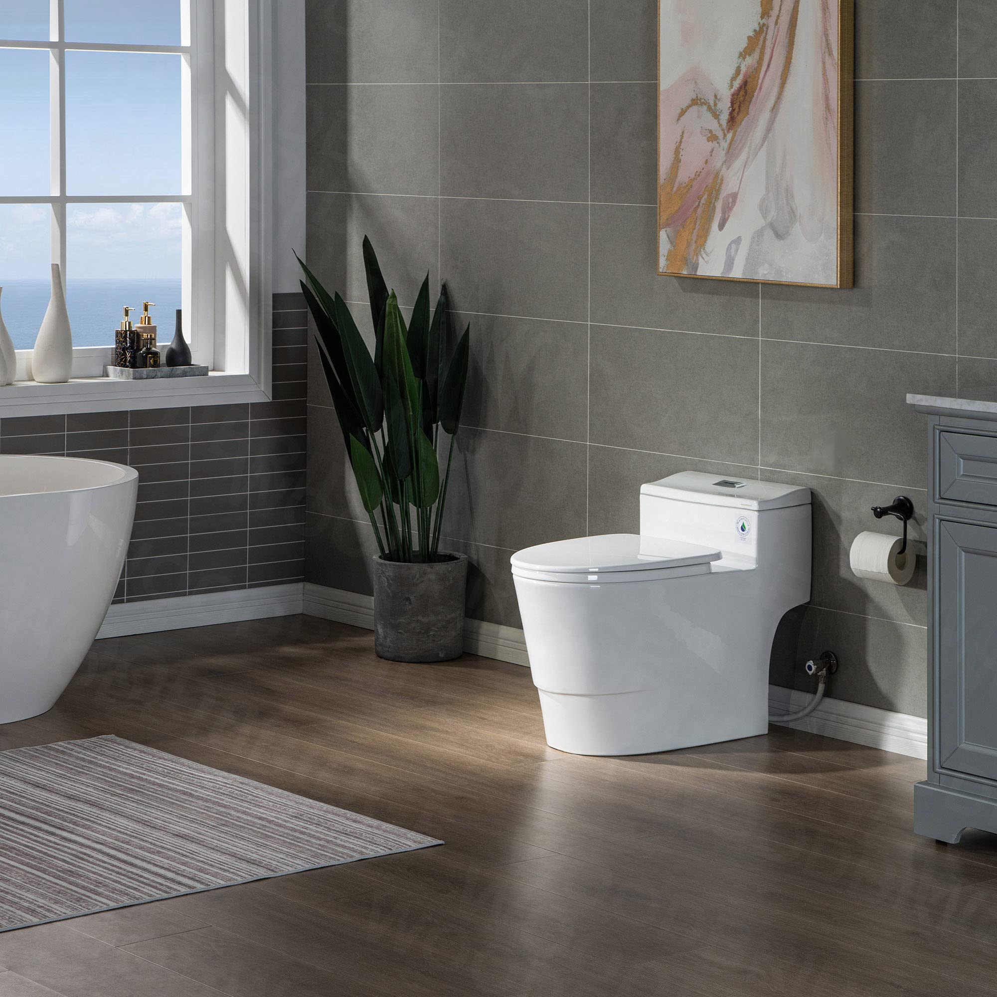 WOODBRIDGE T-0018/B-0735 Dual Flush Elongated One-Piece Toilet with Soft-Close Seat, Comfort Height, White - Modern Water-Saving Bathroom Fixture for Home & Commercial Use