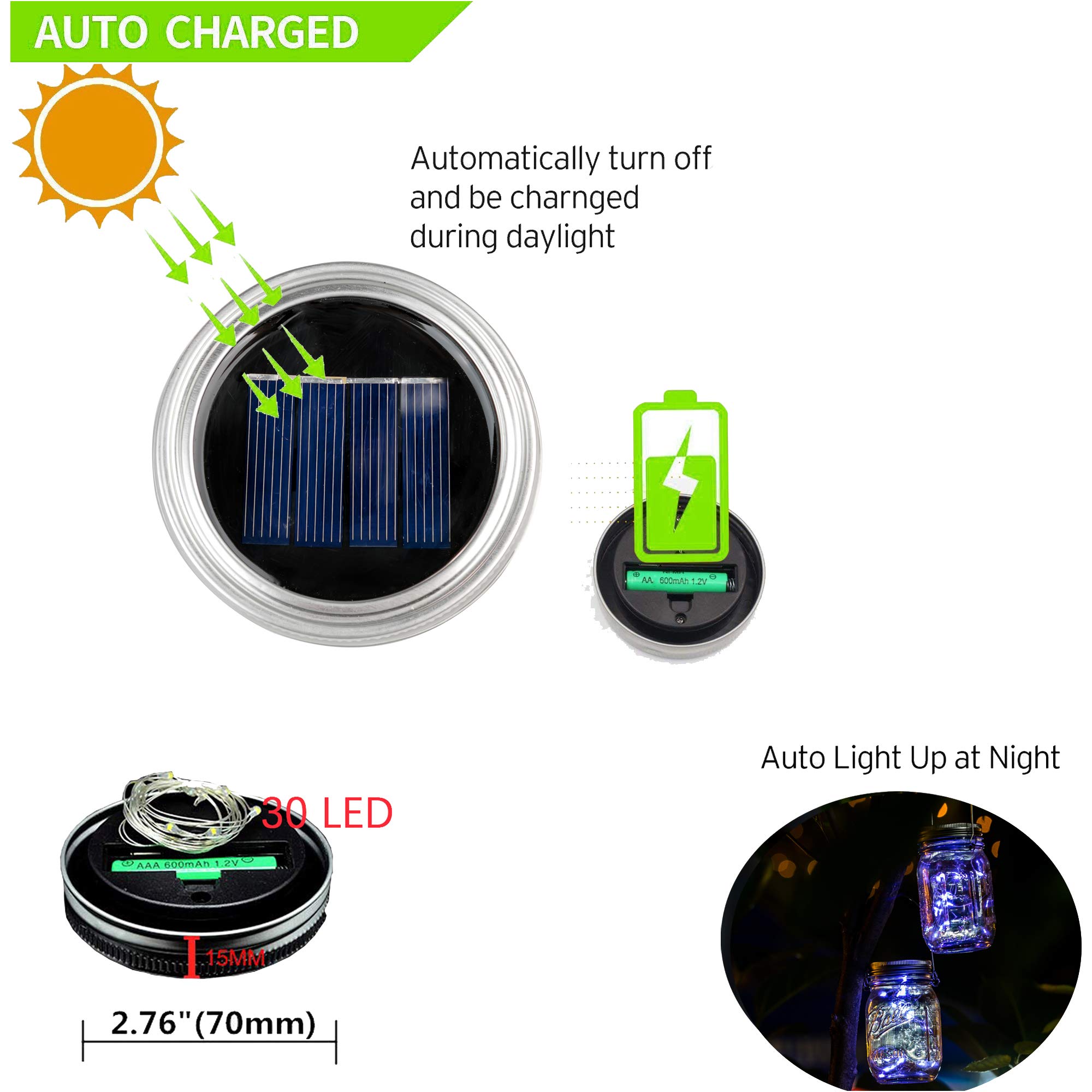 YJFWAL 12 Pack Mason Jar Solar Lights - 30 LED Fairy Lights with Firefly Lid & Hangers for Outdoor Decor | Perfect for Garden, Patio, Yard, Party, Birthday, Wedding & Christmas Decoration | Solar Powered Waterproof Lighting Solution