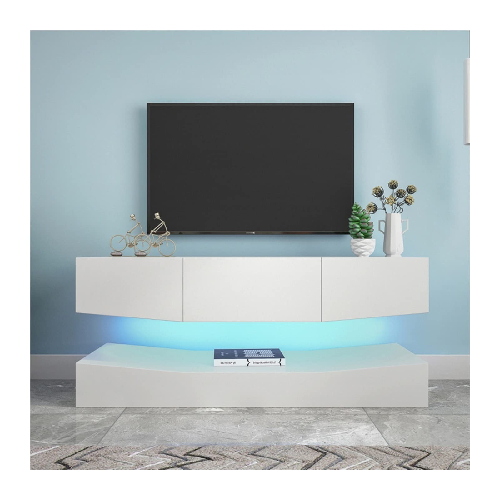 Floating TV Stand Wall Mounted TV Cabinet with 3 Drawers & Open Shelves - Modern LED Entertainment Center Media Console Table for Living Room & Bedroom - White - Perfect for Small Spaces & Home Theater Setup