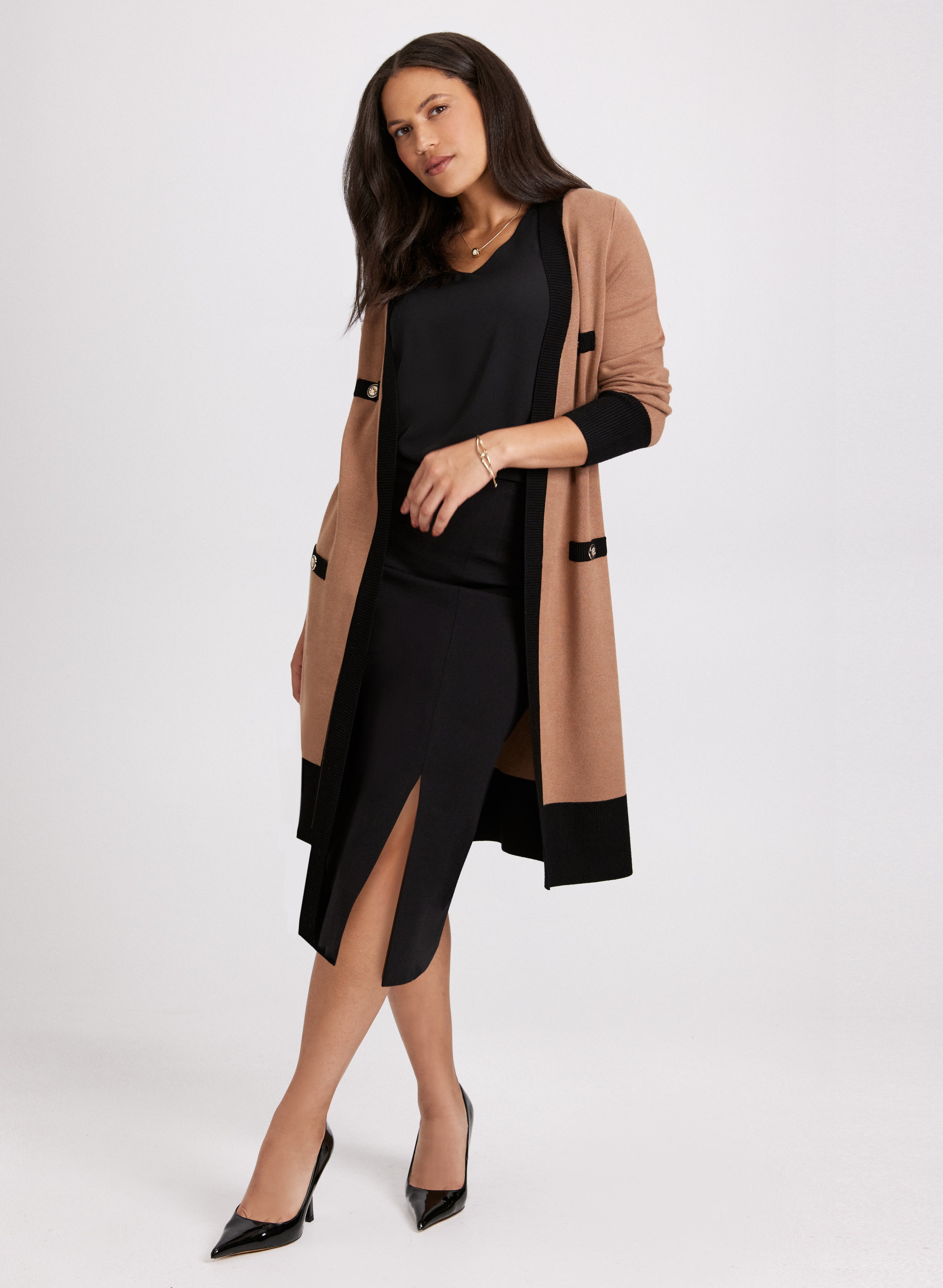 Stylish Color Block Cardigan & Pencil Skirt Set - Women's Fashion Knitwear for Office, Dating & Casual Outfits
