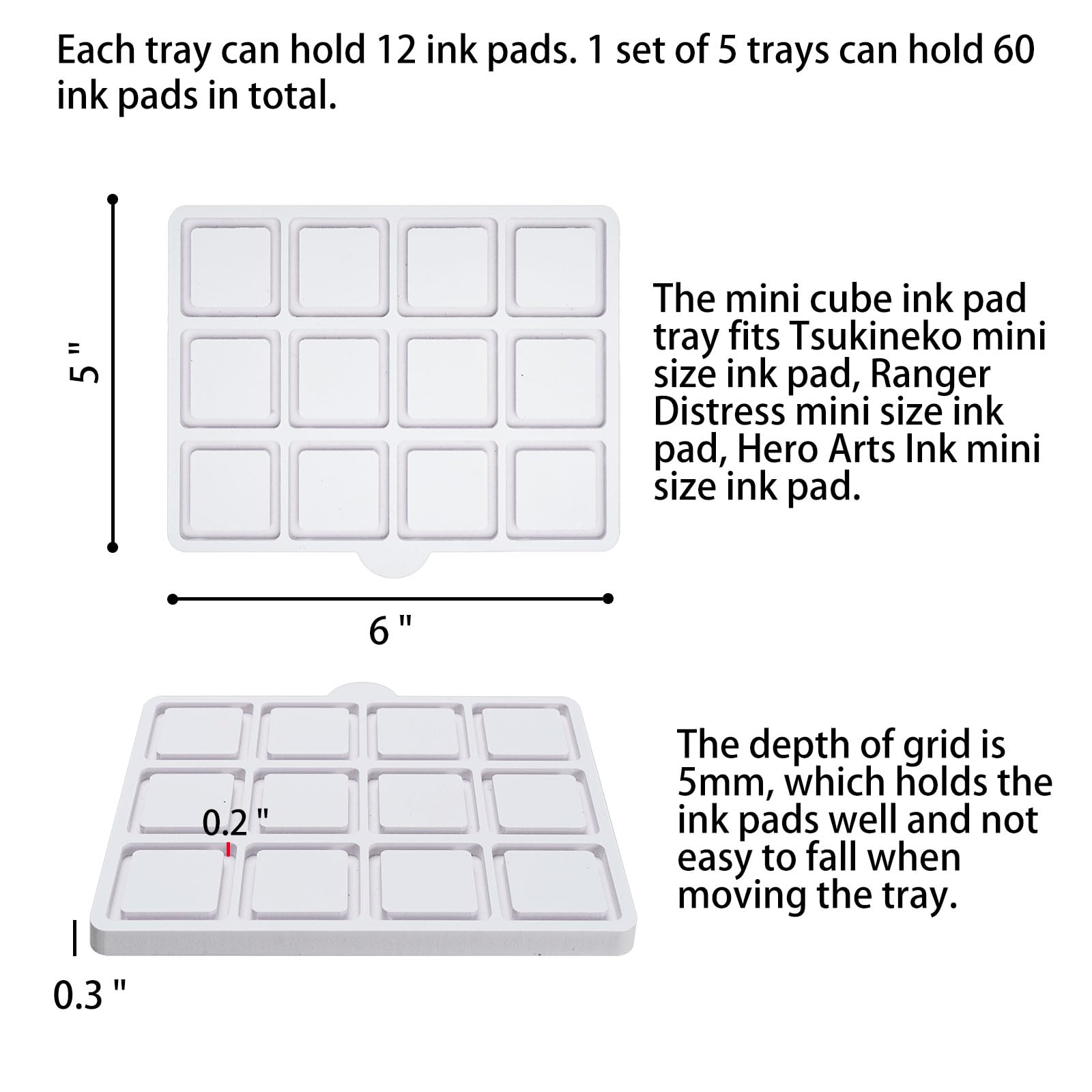 Sanfurney Mini Ink Pad Cube Caddy - Stamp Pad Storage Tray Organizer (Holds 12 Ink Pads per Tray, Set of 5 Trays for 60 Total) - Perfect for Craft Rooms, Scrapbooking & DIY Stamping Projects
