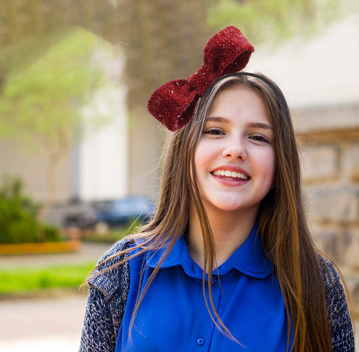 Red Metallic Tweed Wire Bow Girls Hard Headband for Holidays - Perfect for Christmas, Parties, and Special Occasions