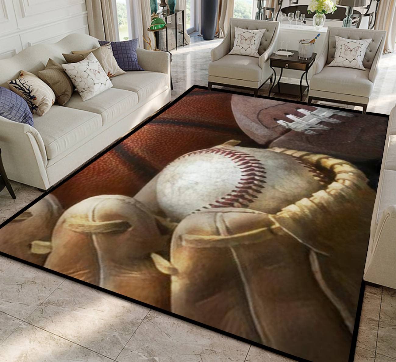 Vintage Baseball in Glove Area Rug - Non-Slip Doormat for Gamers, Boys Bedroom & Living Room Decor - Perfect for Sports-Themed Home, Man Cave or Game Room