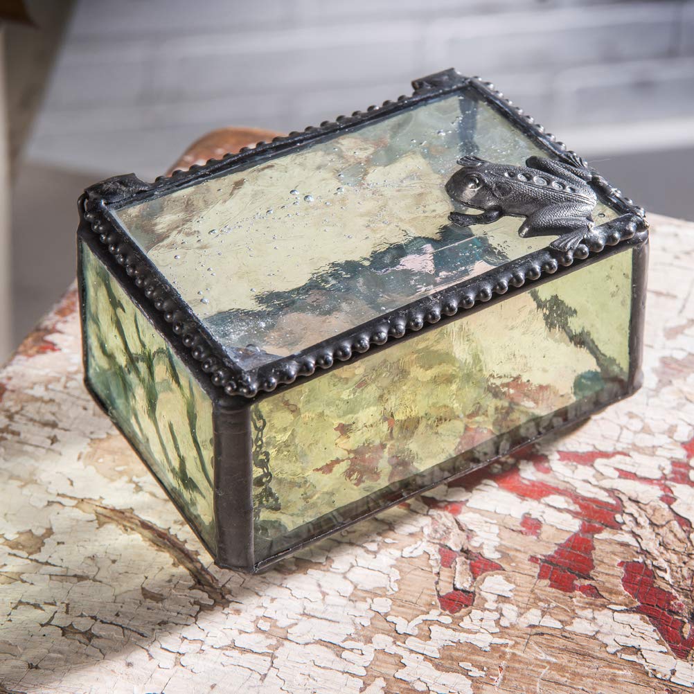 J Devlin - Elegant Decorative Glass Jewelry Box with Frog Accent for Keepsakes, Rings & Trinkets - Perfect for Gift Giving, Dresser Display & Home Decor - Box 174