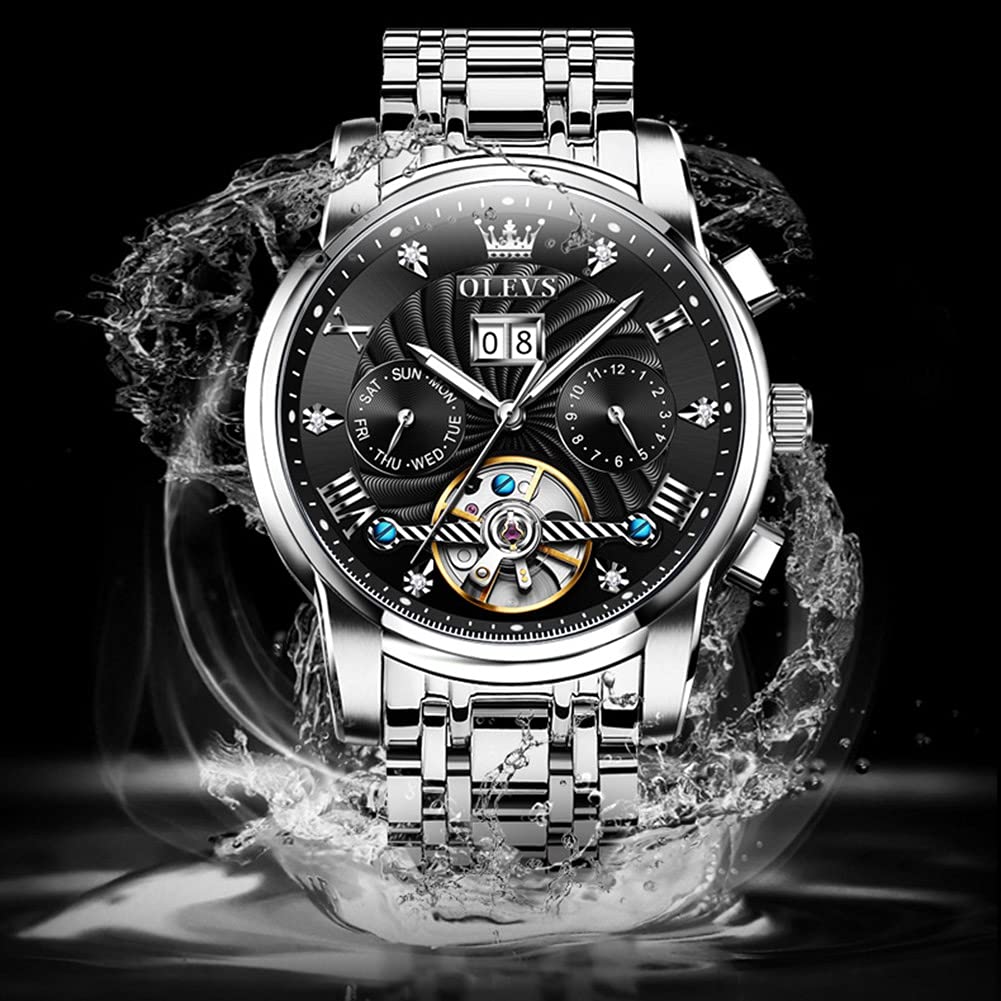 OLEVS Men's Automatic Self-Winding Tourbillon Watch - Luxury Stainless Steel Dress Watch with Luminous Hands & Waterproof Design - Perfect for Business, Formal Events & Everyday Wear