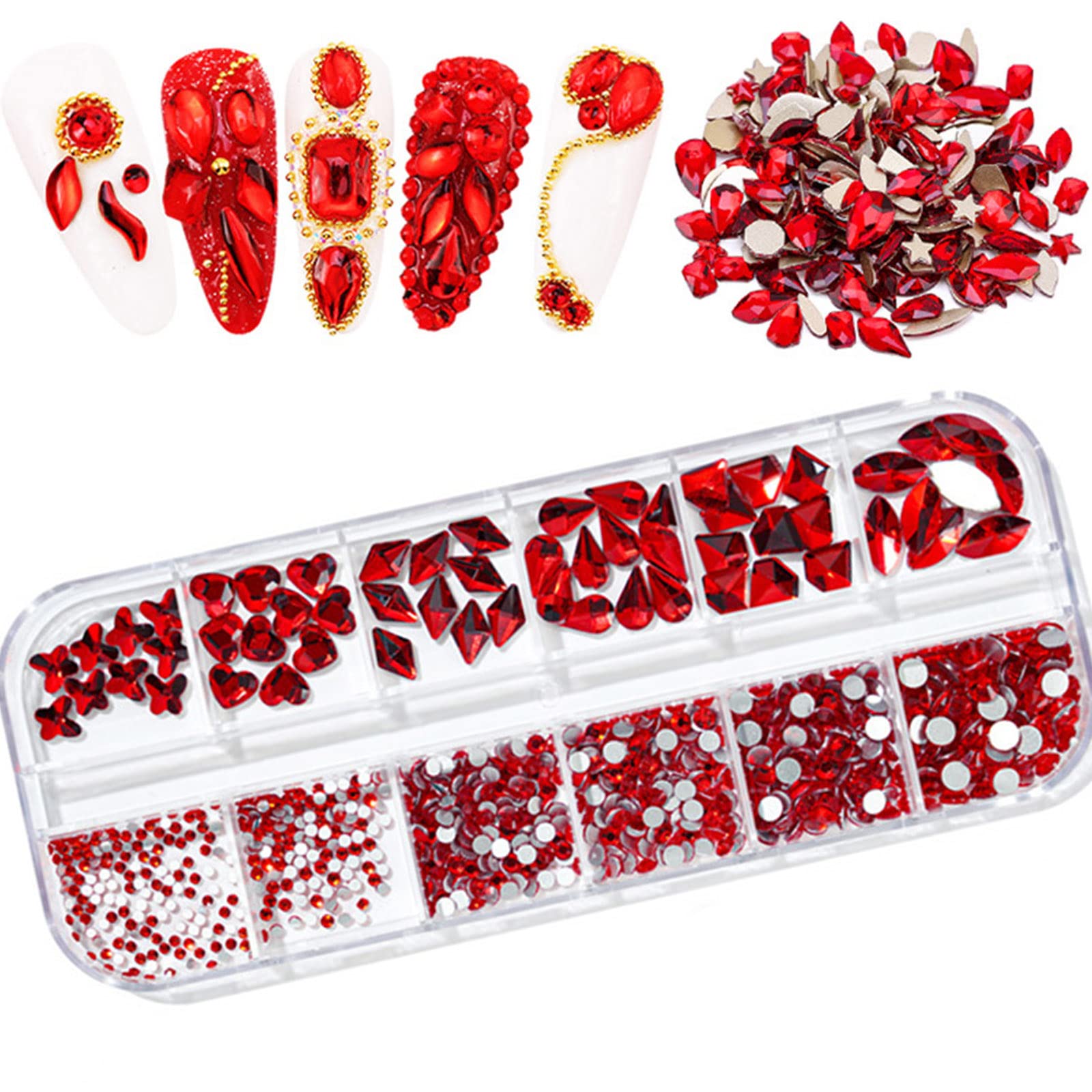 BELICEY 810PCS Red Nail Rhinestones Kit - Multi-Shape Nail Gems with Hearts & Butterflies for Nail Art, DIY Crafts, Clothing Decoration | Perfect for Salon Professionals & Home Manicures