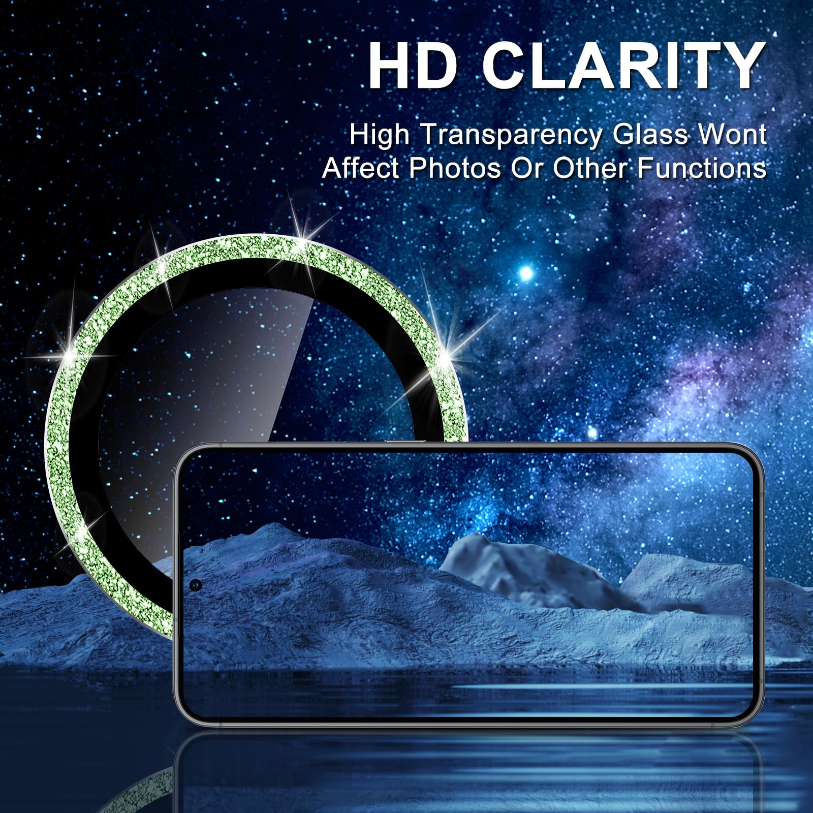 Premium Samsung Galaxy S24 FE Camera Lens Protector - Ultra Thin HD Clear Tempered Glass with Strong Adsorption & Scratch Resistant Metal Ring (Green Sparkly) - Perfect for Outdoor Photography, Travel & Daily Protection