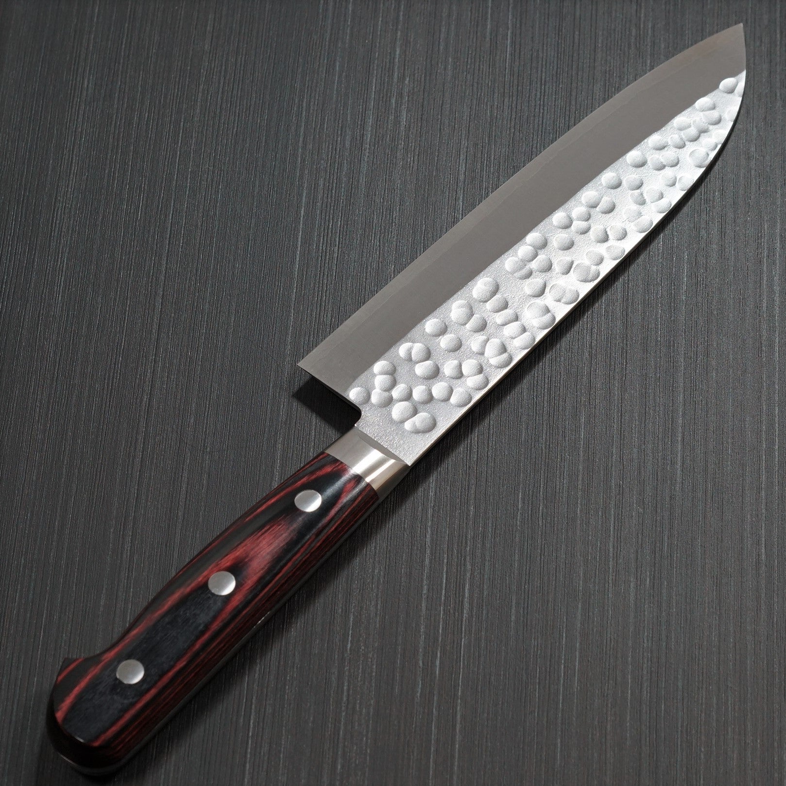 Premium Yoshimi Kato SG2 Hammered Santoku Kitchen Knife 175mm with Red Handle - Japanese Damascus Steel Chef Knife for Slicing, Dicing & Chopping Vegetables, Meat & Fish - Perfect Gift for Home Cooks & Professional Chefs