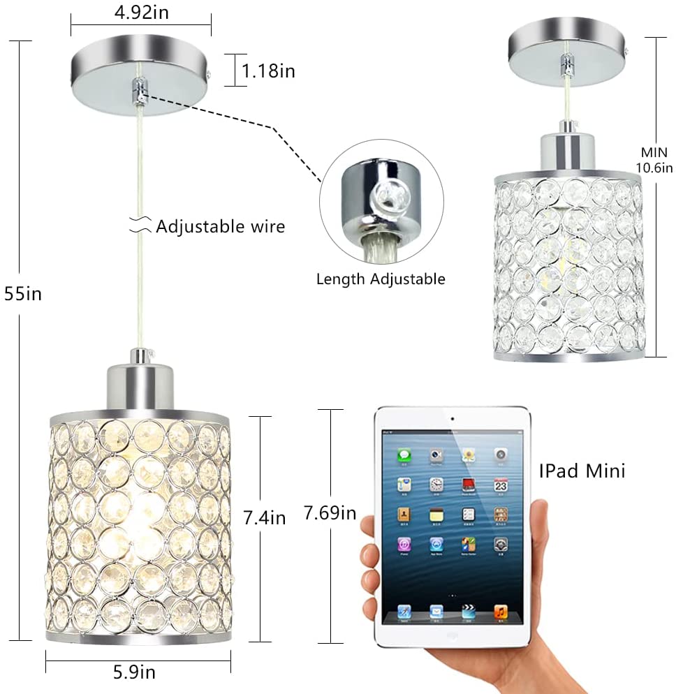 Modern Crystal Pendant Light Fixture - 1-Light Chrome Finish Hanging Chandelier for Dining Room, Kitchen Island & Bedroom Lighting