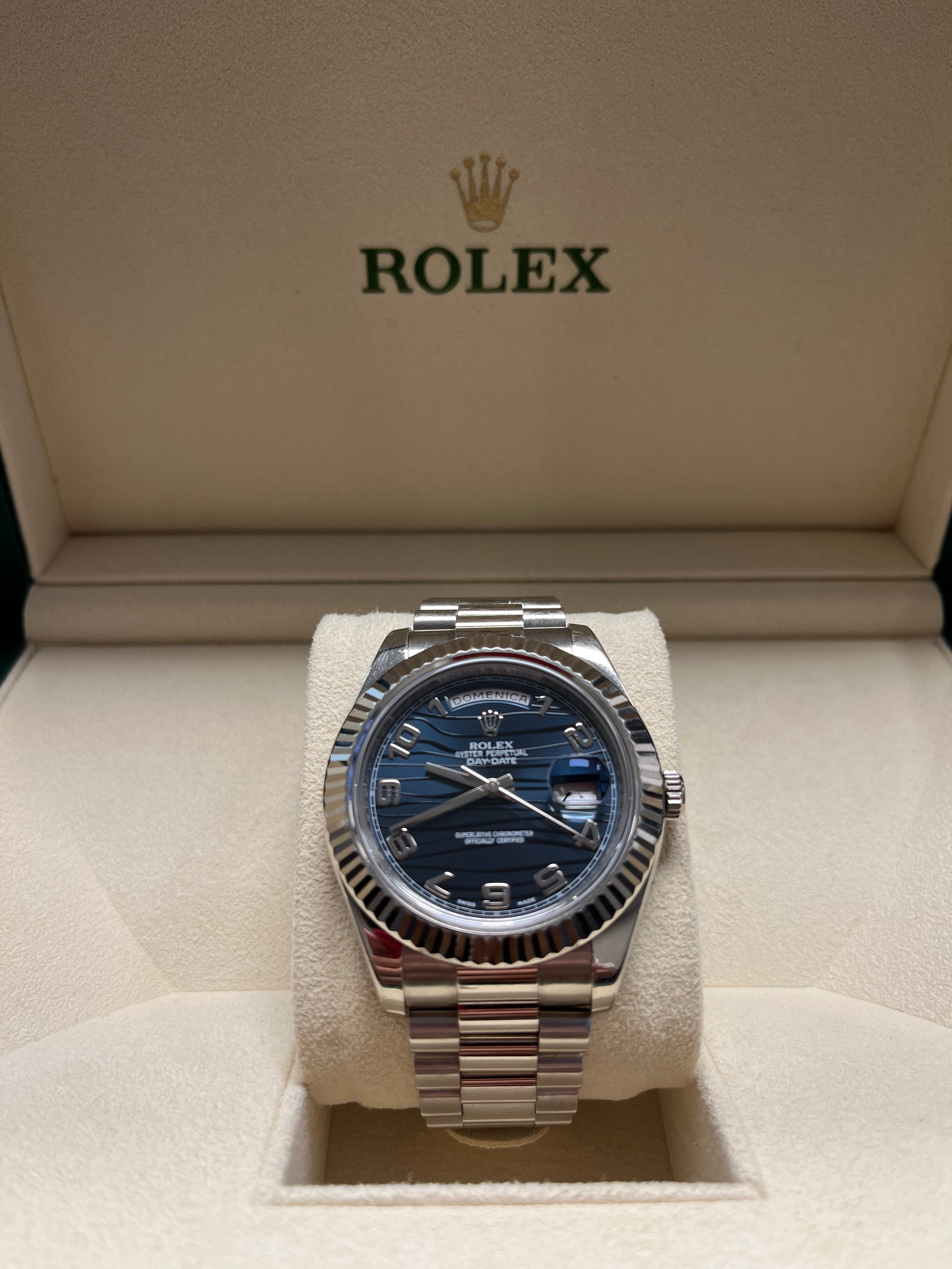 Authentic Rolex Day Date II 18kt White Gold President Watch with Blue Wave Dial Ref 218239BLWAP - Luxury Dress Watch for Business Meetings & Formal Events