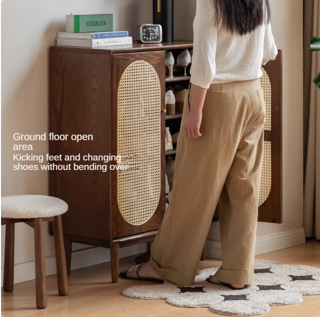 Solid Oak Wood Wall Mounted Shoe Rack with Rattan Doors - Space Saving Entryway Storage for Shoes, Hats & Accessories - Perfect for Hallway, Mudroom or Bedroom Organization
