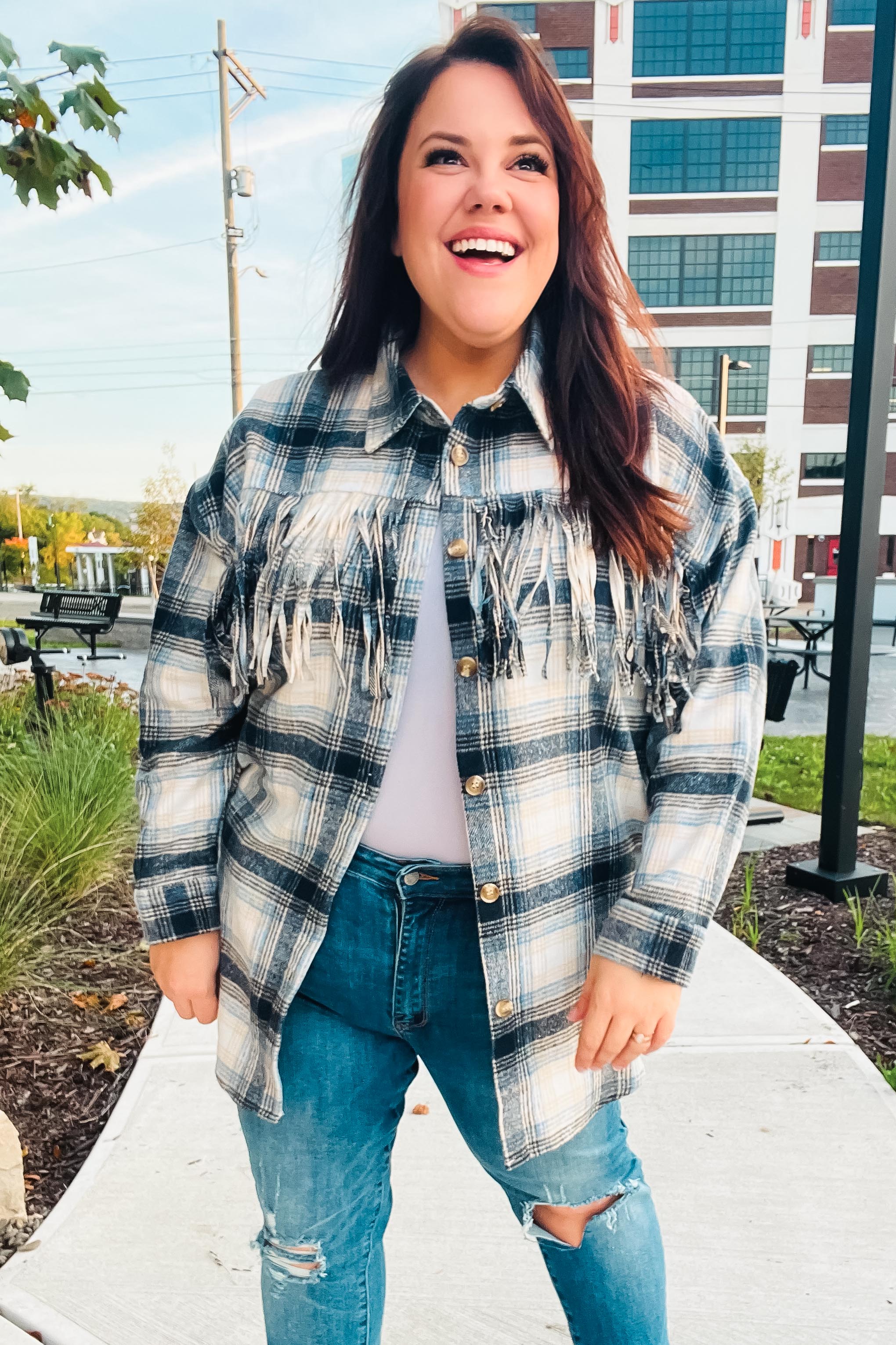 Boldly You Navy Plaid Fringe Button Down Shacket - Stylish Overshirt for Women | Fall & Winter Layering Essential | Perfect for Casual Outings, Workwear & Outdoor Adventures