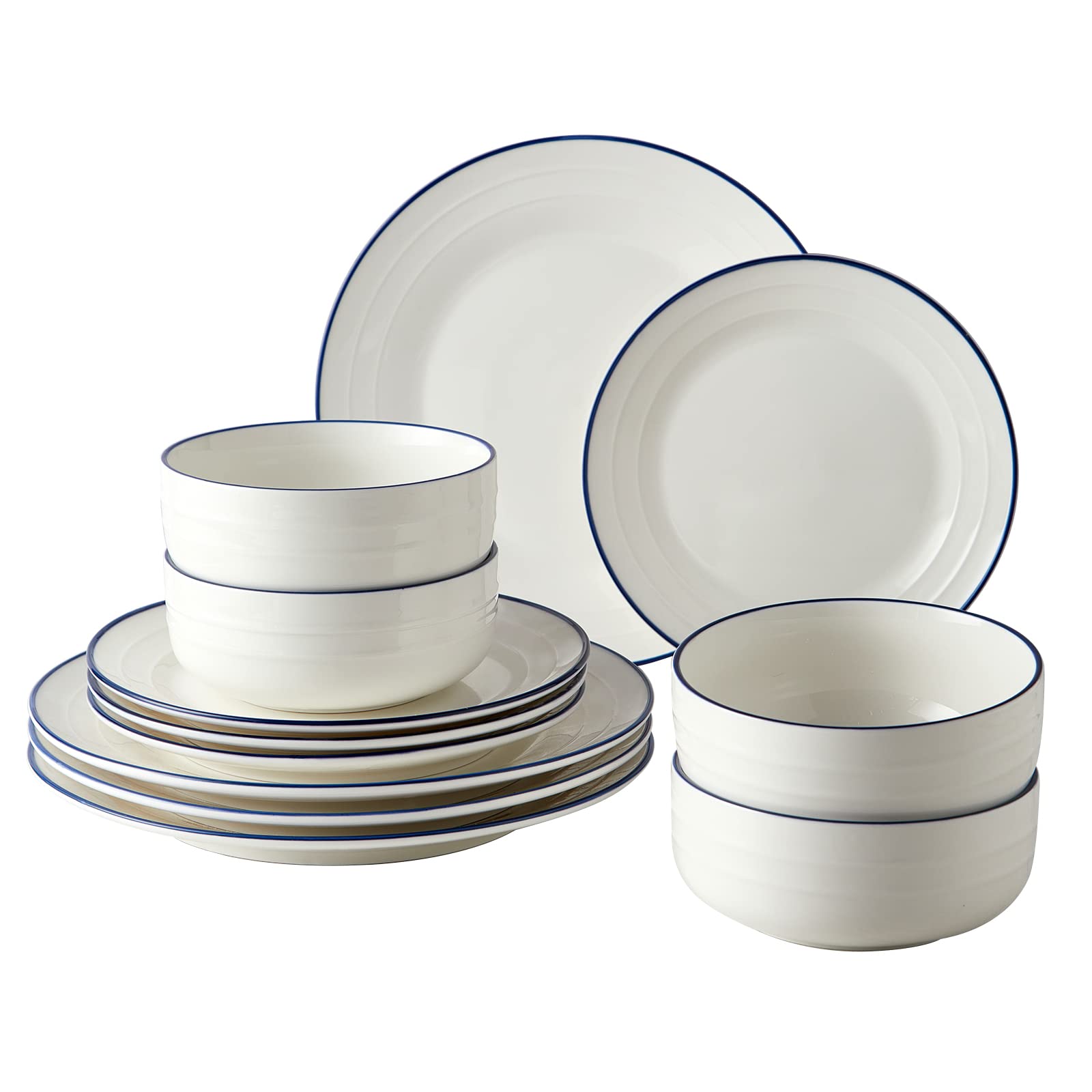 Pokini 12-Piece White Porcelain Dinnerware Set - Embossed Threaded Relief Plates & Bowls, Service for 4, Round Cafe Stripe Design - Perfect for Family Dinners, Restaurant-Style Dining & Special Occasions