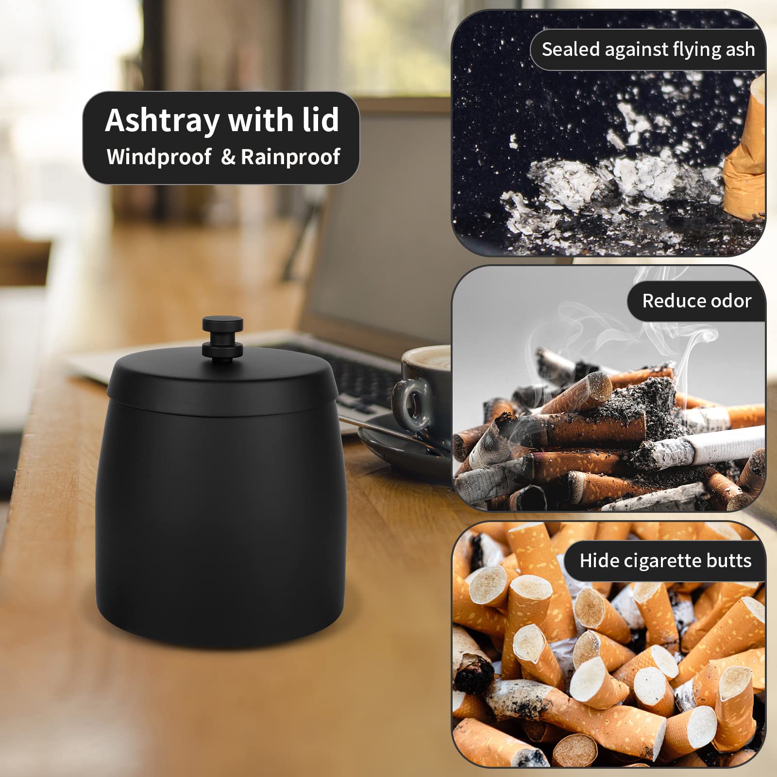 Windproof Metal Ashtray with Lid - Small Black Outdoor Cigarette Ashtray for Patio, Garden, Balcony & Camping Use