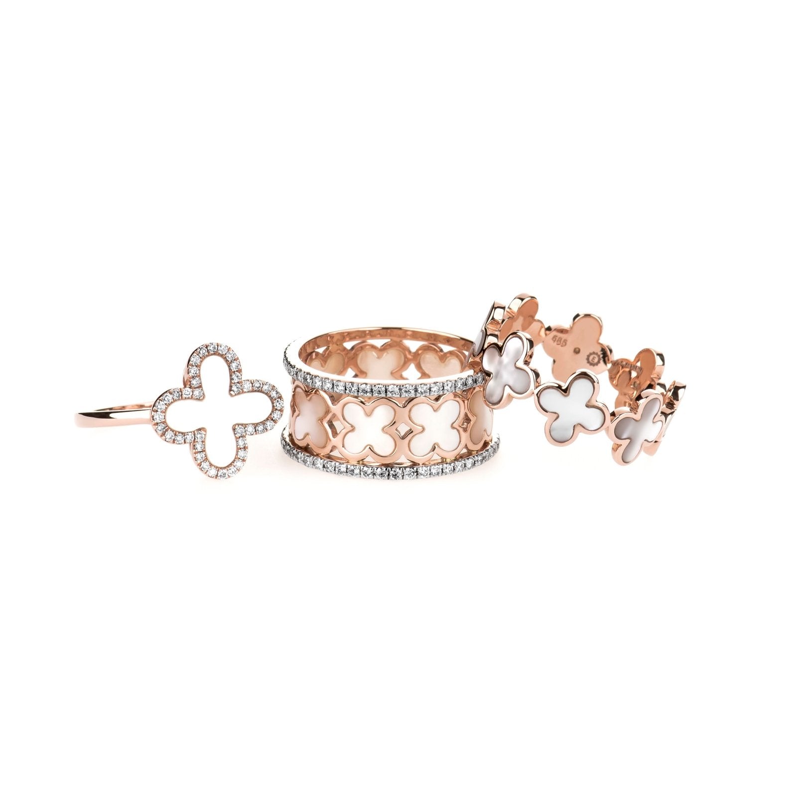 14k Rose Gold Mother of Pearl Clover Ring with Diamond Halo - Elegant Jewelry for Women, Perfect for Weddings, Anniversaries & Special Occasions