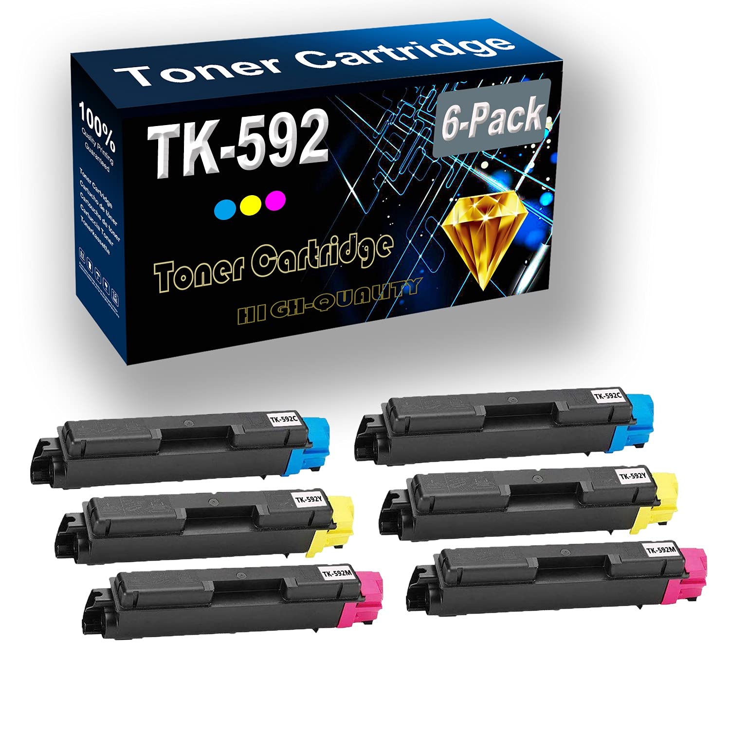 6-Pack (2C+2Y+2M) High-Quality Kyocera TK-592 TK-592C TK-592Y TK-592M Compatible Toner Cartridge Replacement for Kyocera FS-C2026 C2126 C2526 M6026 P6026 Printers | Perfect for Office & Home Printing Needs