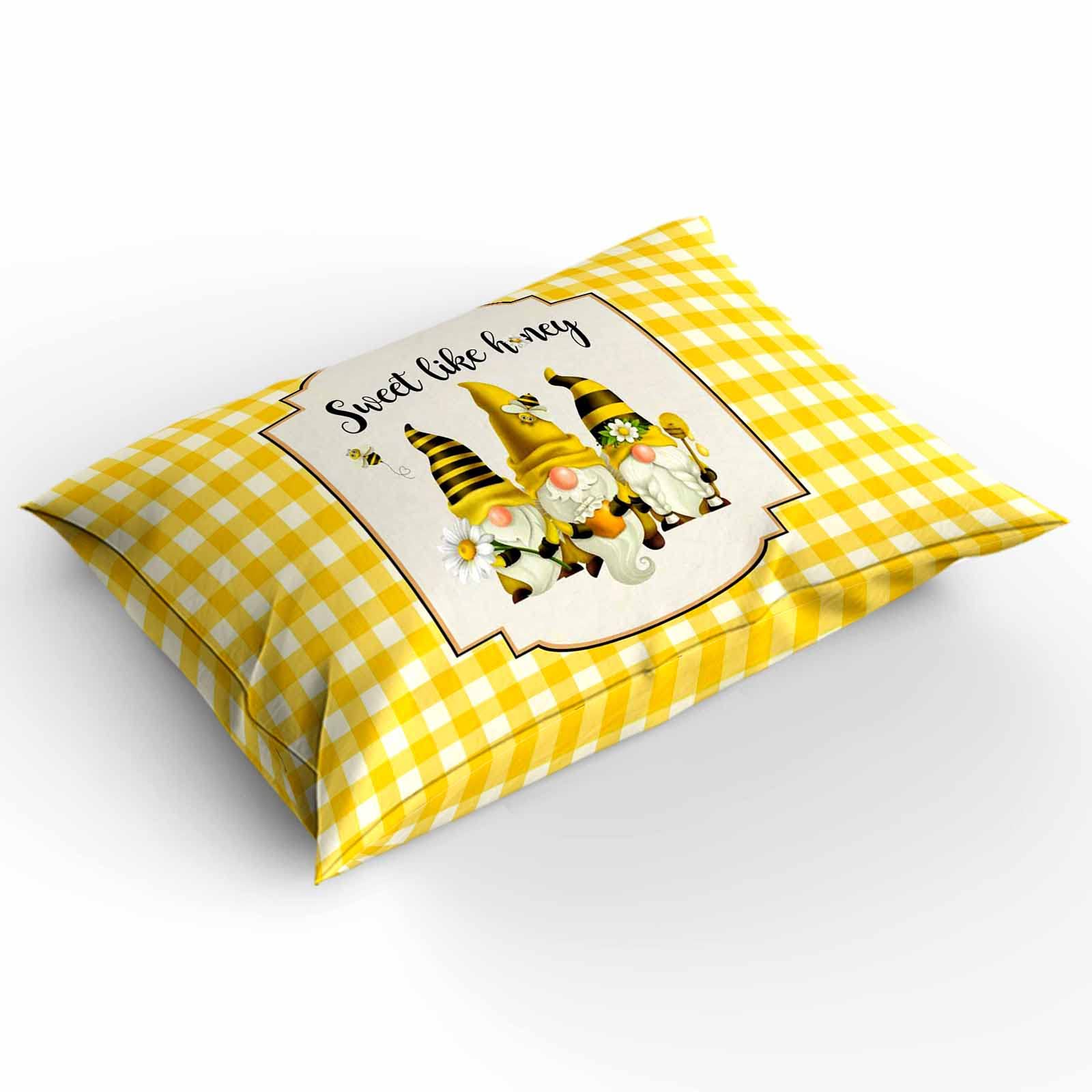 Sweet Like Honey Summer Bee Gnome Daisy Yellow Buffalo Check Plaid Duvet Cover 4-Piece Set with Zipper Closure & Corner Ties - California King Size Bedding for Spring & Summer Decor