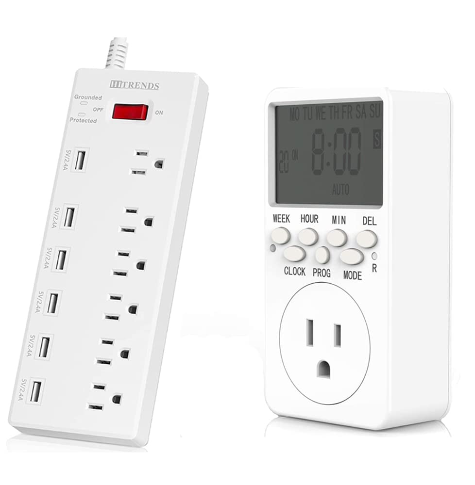 6-Outlet Surge Protector with 6 USB Ports & Digital Timer - 110V Power Strip with Countdown & 7-Day Programmable Outlet for Home, Office, Gaming Setup & Electronics Charging Station