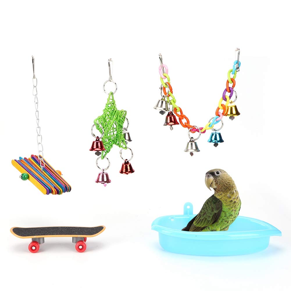 TOPINCN 5PCS Bird Chewing Toy Set - Hanging Cage Bite Toys, Bird Skateboard, Feeding Bowl & Bell Toys for Small/Medium Birds - Perfect for Conures, Cockatiels & African Greys - Great for Playtime & Mental Stimulation