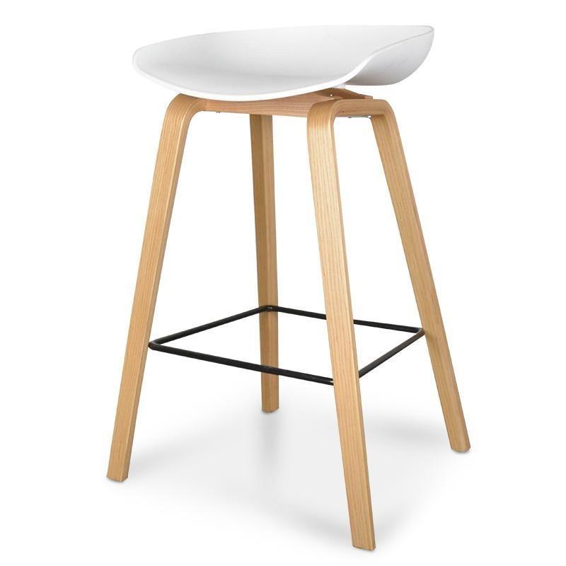 65cm White and Natural Wood Bar Stool - Modern Kitchen Island & Breakfast Counter Stool for Home and Cafe Use