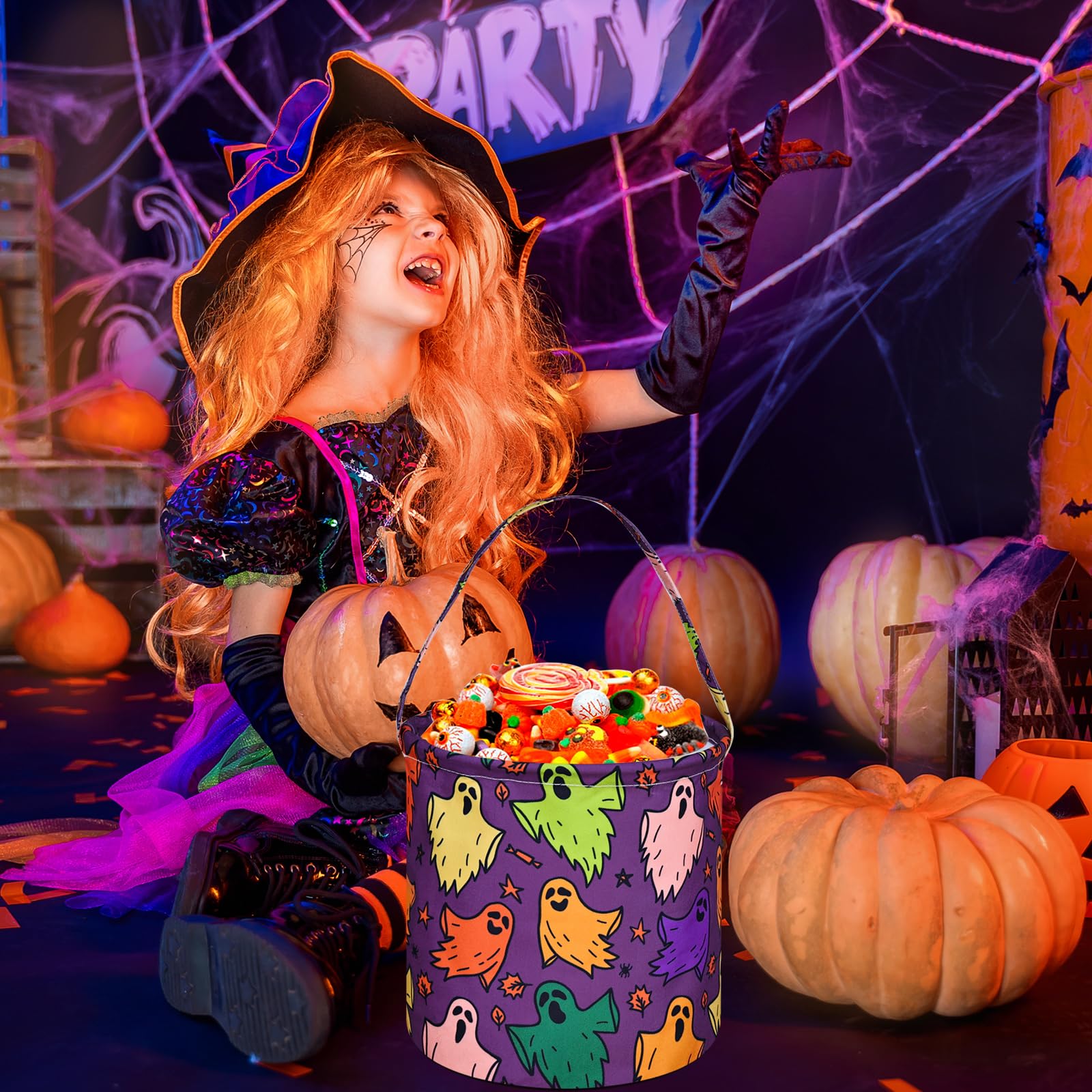 Happy Halloween Ghost Storage Basket - Collapsible Gift Bucket with Handles for Home, Office & Nursery Decor | Perfect for Trick-or-Treat Candy Storage & Seasonal Home Organization