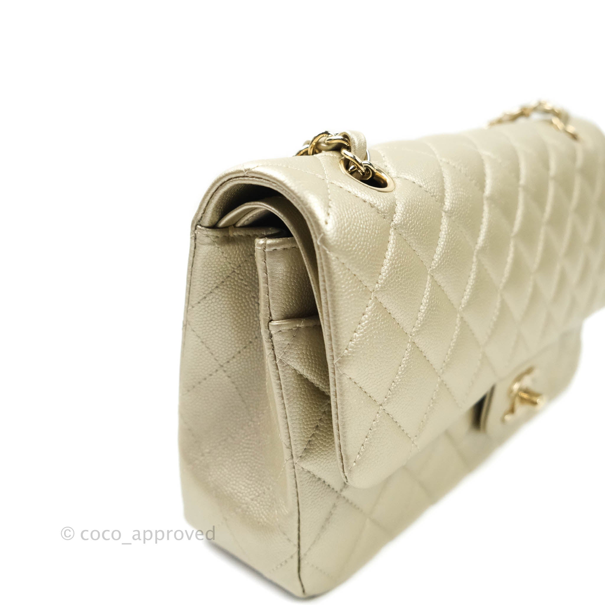 Chanel Classic Medium Double Flap Bag in Light Gold Caviar Leather with Gold Hardware | Luxury Designer Handbag for Women | Perfect for Work, Evening Events & Special Occasions