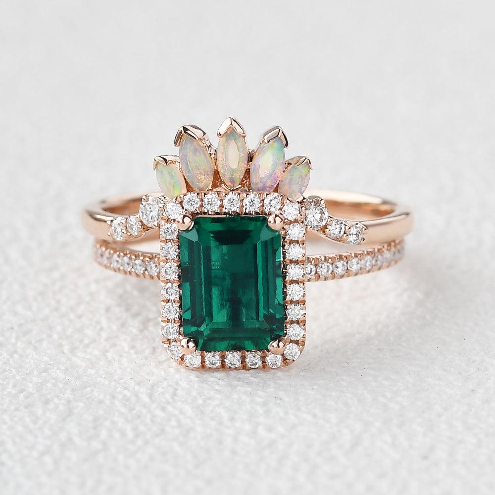 Emerald & Opal Rose Gold Ring Set - 2 Piece Stackable Rings for Women, Elegant Jewelry Gift for Her - Perfect for Weddings, Anniversaries & Special Occasions