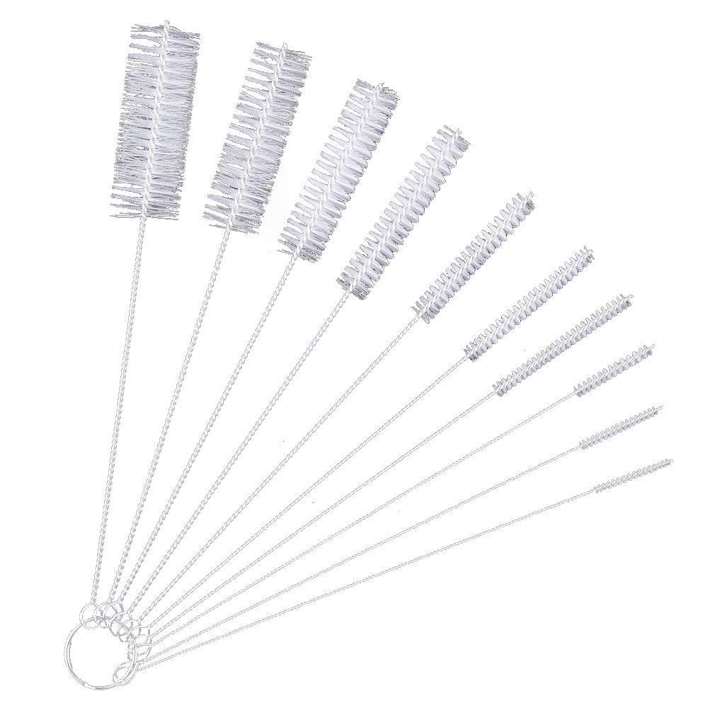 PULABO Nylon Bottle Tube Nozzle Cleaning Brush Set of 10 - Pipe Cleaner, Straw & Glasses Brush with Hook - Durable White Cleaning Tools for Water Bottles, Straws, Pipes & Small Tubes - Perfect for Kitchen, Office, Travel & Baby Bottle Cleaning